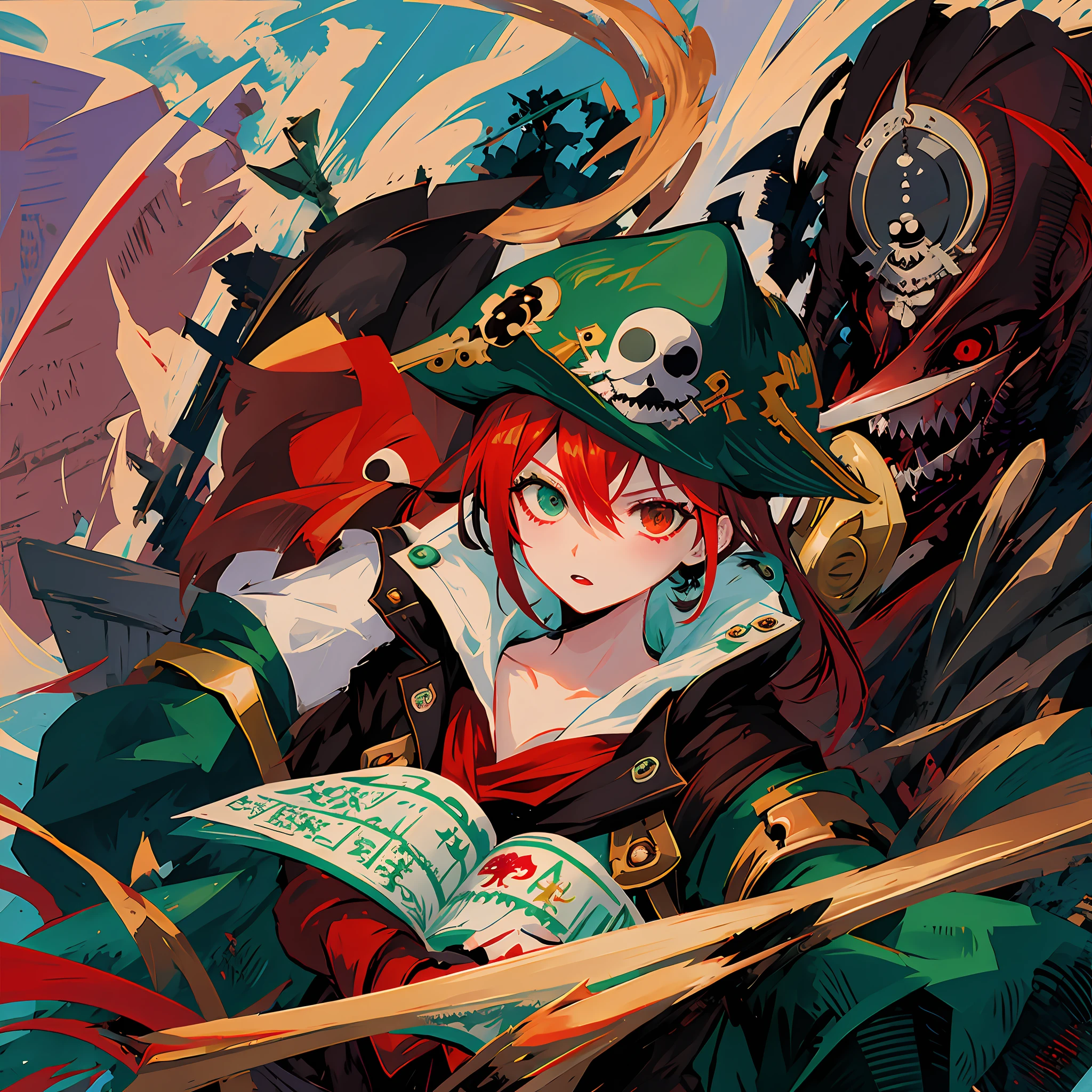 Anime characters with green eyes and hats, [[[[grinning evily]]]], a pirate, , Vampires, pirate, ((Red)) baggy eyes, pirate portrait, zerochan art, guilty gear art style, gungrave, portrait of a bloodborne hunter, swashbuckler class pirate, zerochan，redheadwear，Anime girls，Pirate captain，Pirate hat，Shark teeth