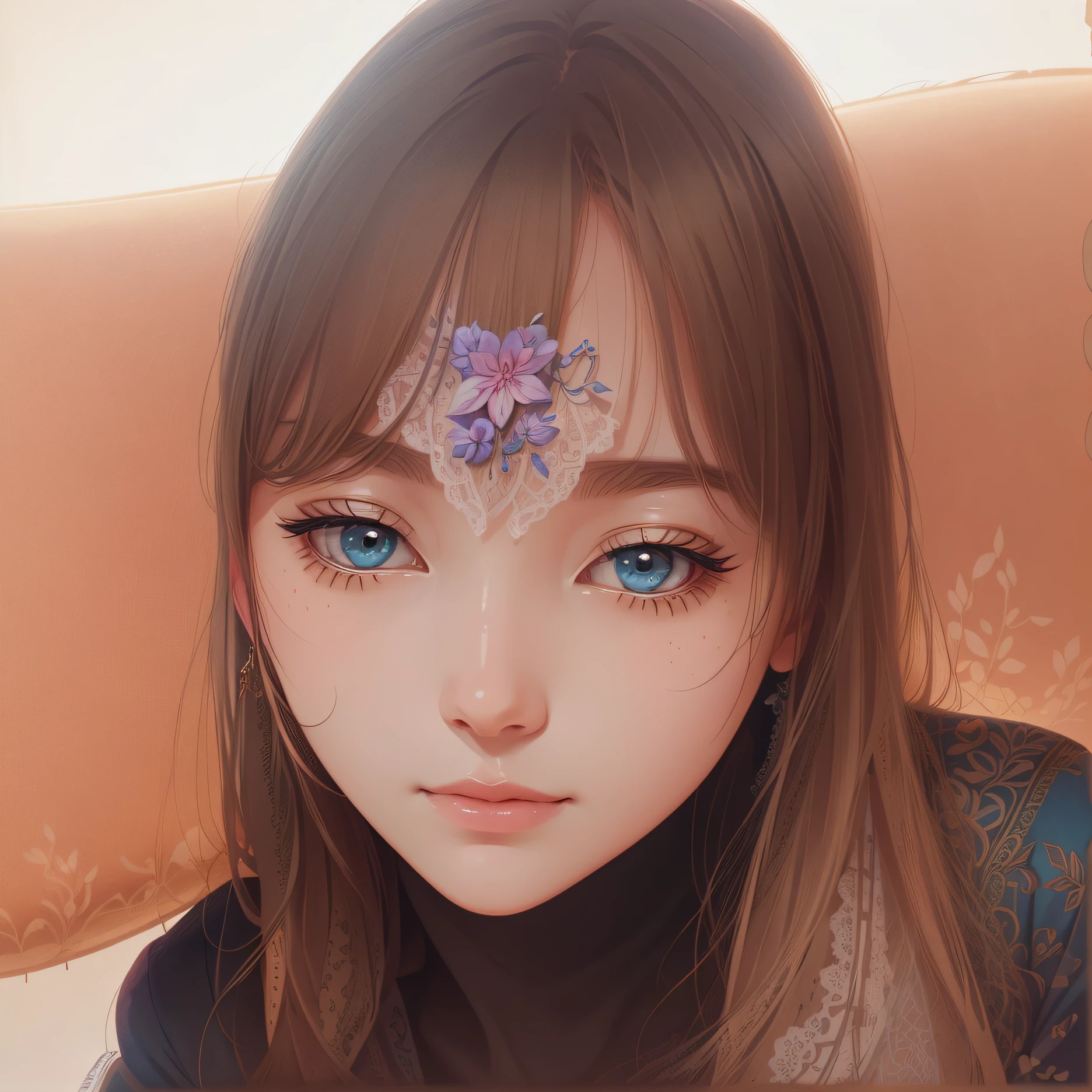 （illustratio：1.3）Common burger posters，（by Artist Anna Dittman：1），（（（tmasterpiece））），（（（best qualtiy））），（（ultra - detailed）），（Detailed light），（（Extremely refined and beautiful）），  （（（white backgrounid）））、The light and shadow are soft、（（Bronze、pale brown、camel、pale-blue、Pink big breasts）），Mysterious woman，Dress coolly，Lots of patterns、complex patterns、Bottle decoration、Water streaks、Hyacinth、Lace flowers、（（（Stay within boundaries、closeup of face、Aquarius）））