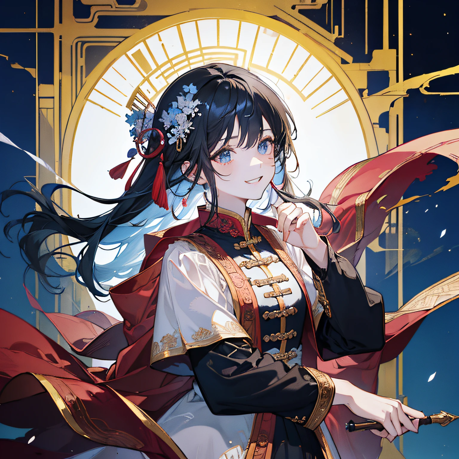 (in 8K、top-quality、masterpiece:1.2)、1人の女性、(Smiling smile:1.1)、beautidful eyes、Valley、The upper part of the body、length hair、Like a boy、poneyTail、Red scenery、