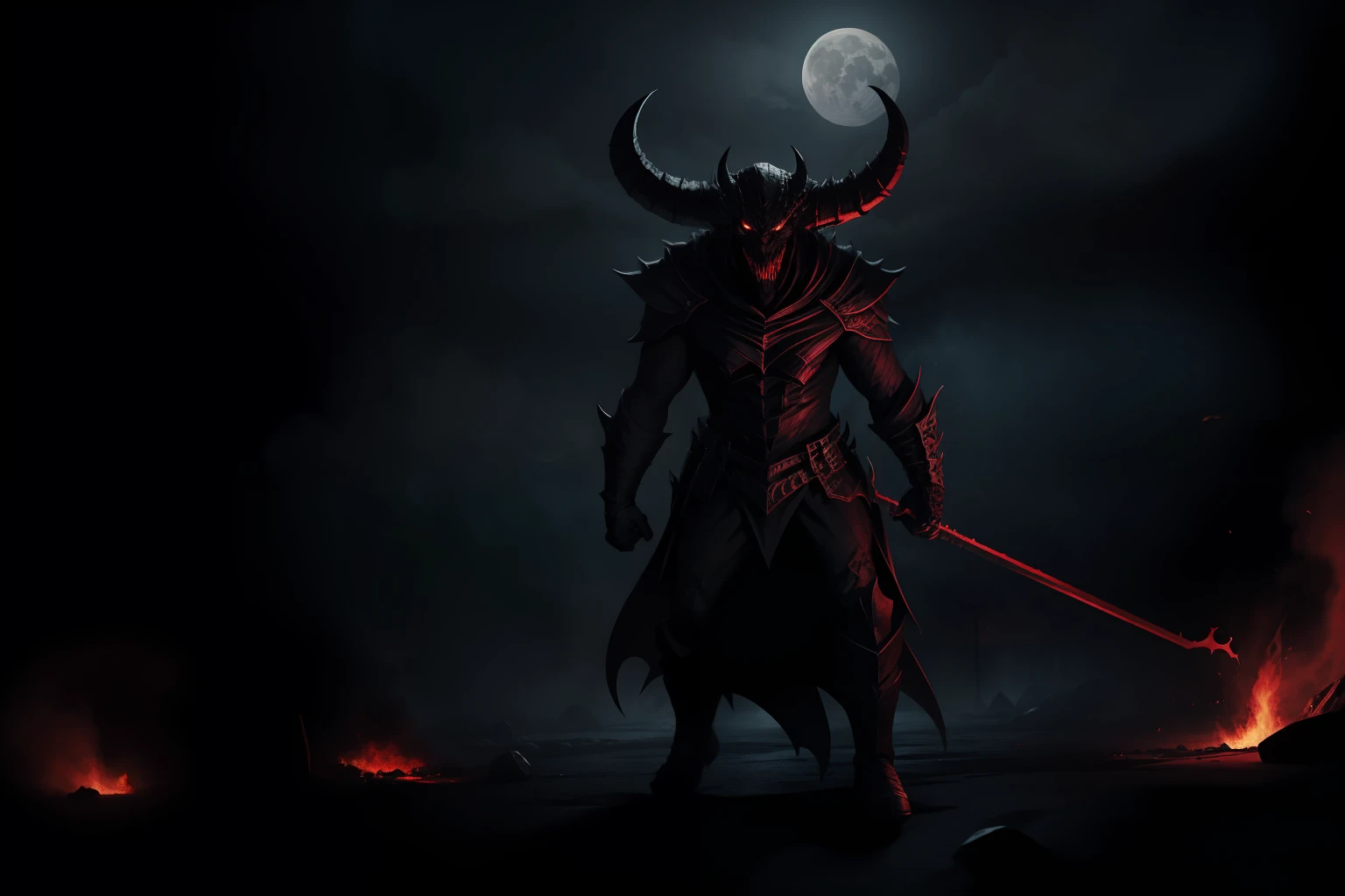 Black scaled demon monster,The background is pitch black,There are flames looming,black-clad,Black Moon,Dim light,