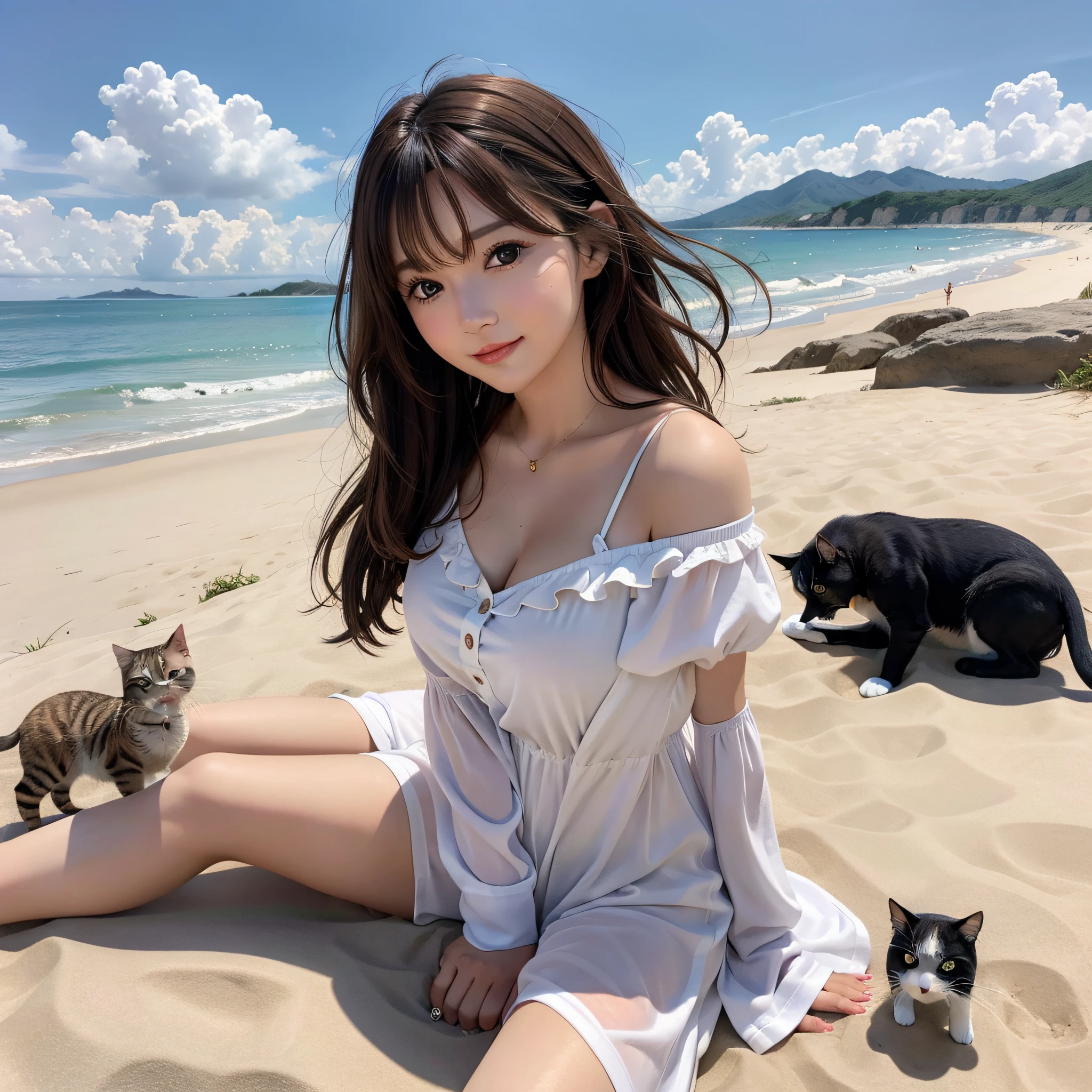 best quality, ultra high resolution, (photorealistic: 1.4), (detailed beautiful girl: 1.4), (medium breasts: 0.8), olhando_no_visualizador, detailed facial details, beautiful and detailed eyes, (brown hair), brown eyes, smile (makeup: 0.4), red lips, (full body, sitting, beach, high waves, ), very detailed clothes, (ulzzang-6500-v1. 1:0.3) \, cats, strong wind,