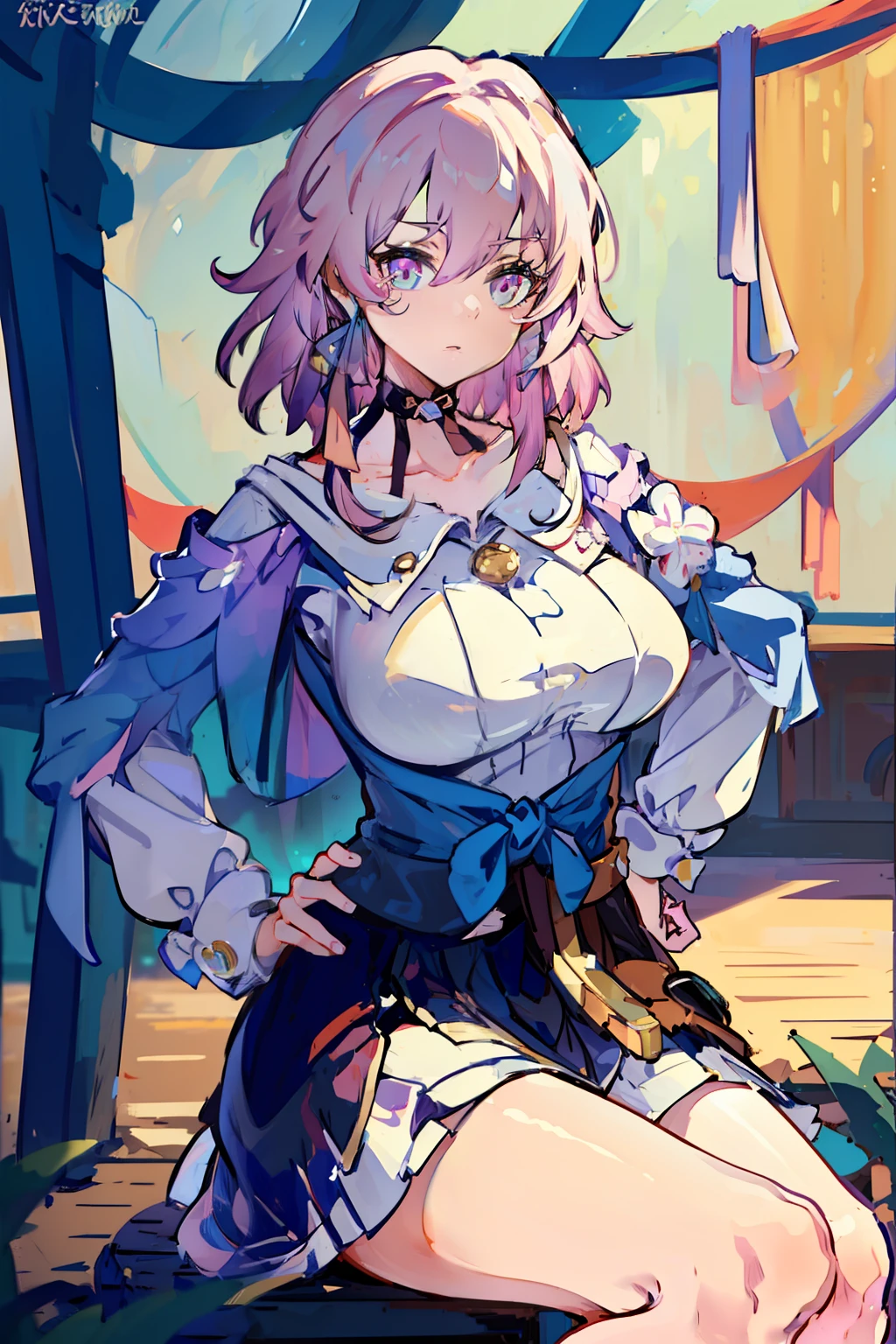 (masterpiece),best quality, expressive eyes, perfect face, 1girl,
big breast, H-cup, good breast, beautiful, gorgeous,anime,girl,lora, hands on waist, hands on hips,march7th,
multicolored_eyes,
pink hair,
ribbon earrings,w sitting, w sitting on ground, legs on ground