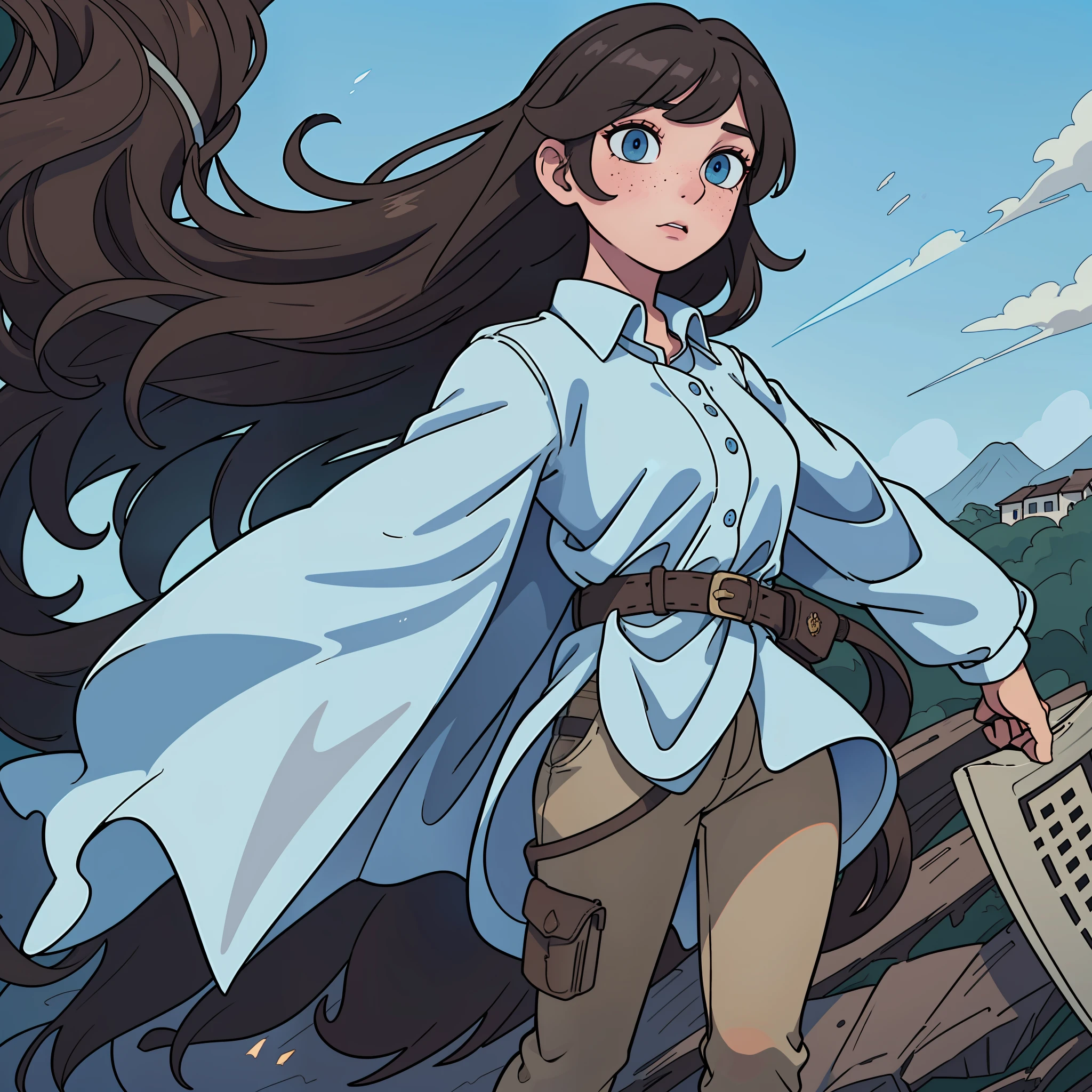 best quality, masterpiece, illustration, an extremely delicate and beautiful, extremely detailed ,CG ,unity ,8k wallpaper, Amazing, finely detail, masterpiece,best quality,official art, extremely detailed CG unity 8k wallpaper,l, huge filesize, ultra-detailed, highres, extremely detailed, extremely detailed eyes and face, beautiful detailed eyes, cute, expressive eyes, light blue upturned eyes, white button up, dark green scout cape, thick long dark brown hair, freckles, attack on titan, full body, tan complexion, full body, triangle bang, village landscape, white pants, odm gear, brown belts