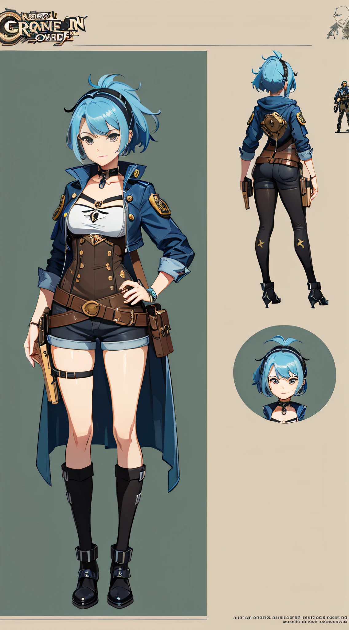 Close-up of a woman in a gun costume, ((character concept art)), tall figure, ((character design sheet, same character, front, side, back)) maple story character art, video game character design, video game character design, maple story gun girl, girl with cute cartoon rabbit hairpin on her head, yellow glowing decoration on girl's clothes, expert high detail concept art, metal bullet concept art, funny character design, gravity dash inspiration, sticky tar. Concept art, belt buckle at waist, steampunk weapon, (((wild short blue hair))), ((small breast))