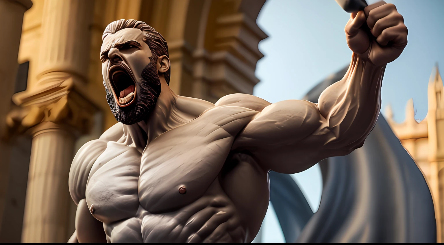 Marble statue of a very angry man screaming, toxic, Muscle, Deus, mayor, epic realistic, desbotado, (((HDR))), (Crisp face:1.1), hiperdetalhado, cinemactic, luzes quentes, detalhes intrincados, Muscle