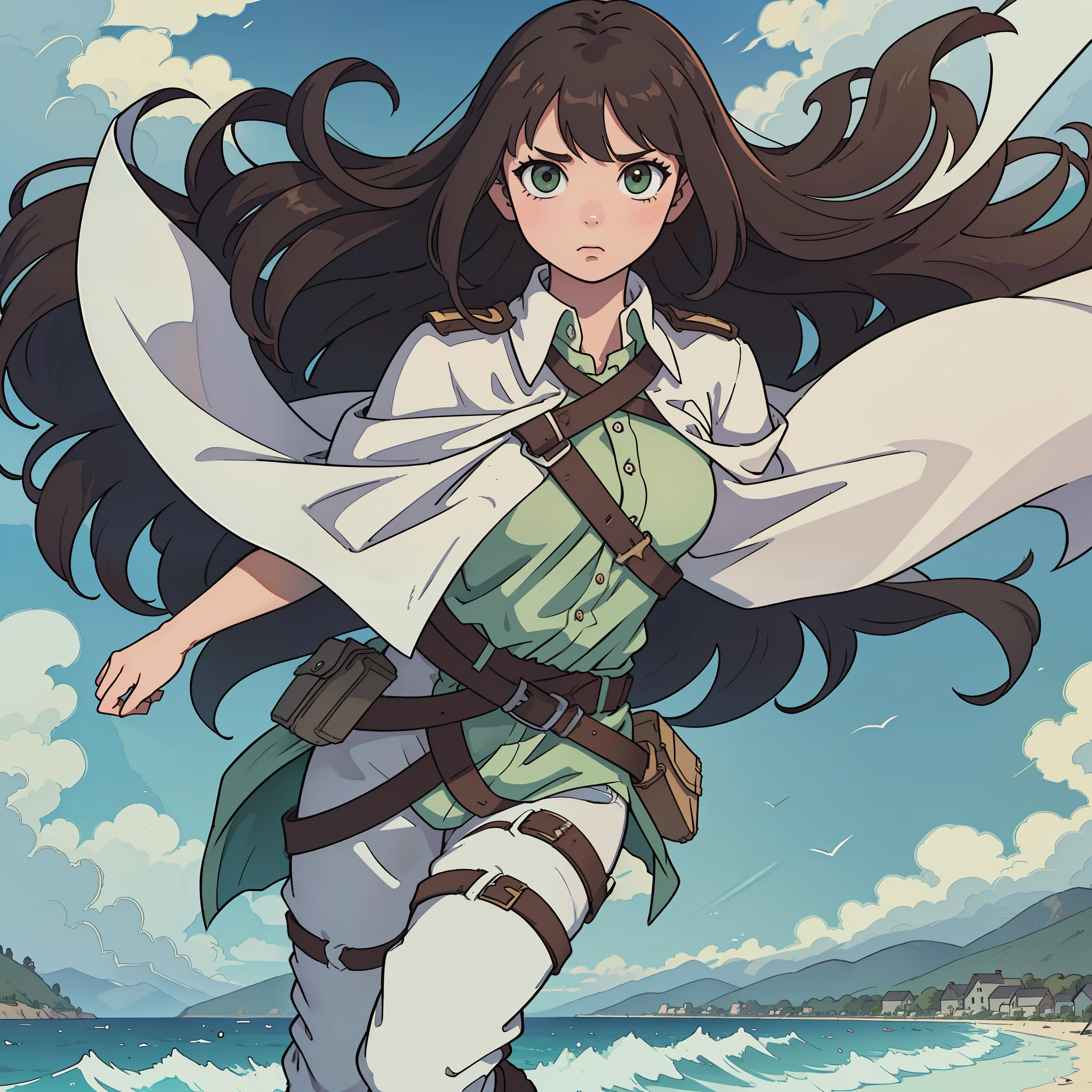 best quality, masterpiece, illustration, an extremely delicate and beautiful, extremely detailed ,CG ,unity ,8k wallpaper, Amazing, finely detail, masterpiece,best quality,official art, extremely detailed CG unity 8k wallpaper,l, huge filesize, ultra-detailed, highres, extremely detailed, expressive eyes, white button up, dark green scout cape, thick long dark brown hair, attack on titan, full body, tan complexion, full body, triangle bang, village landscape, white pants, odm gear, brown belts, hair blowing in wind, cape blowing in wind, facing ocean,