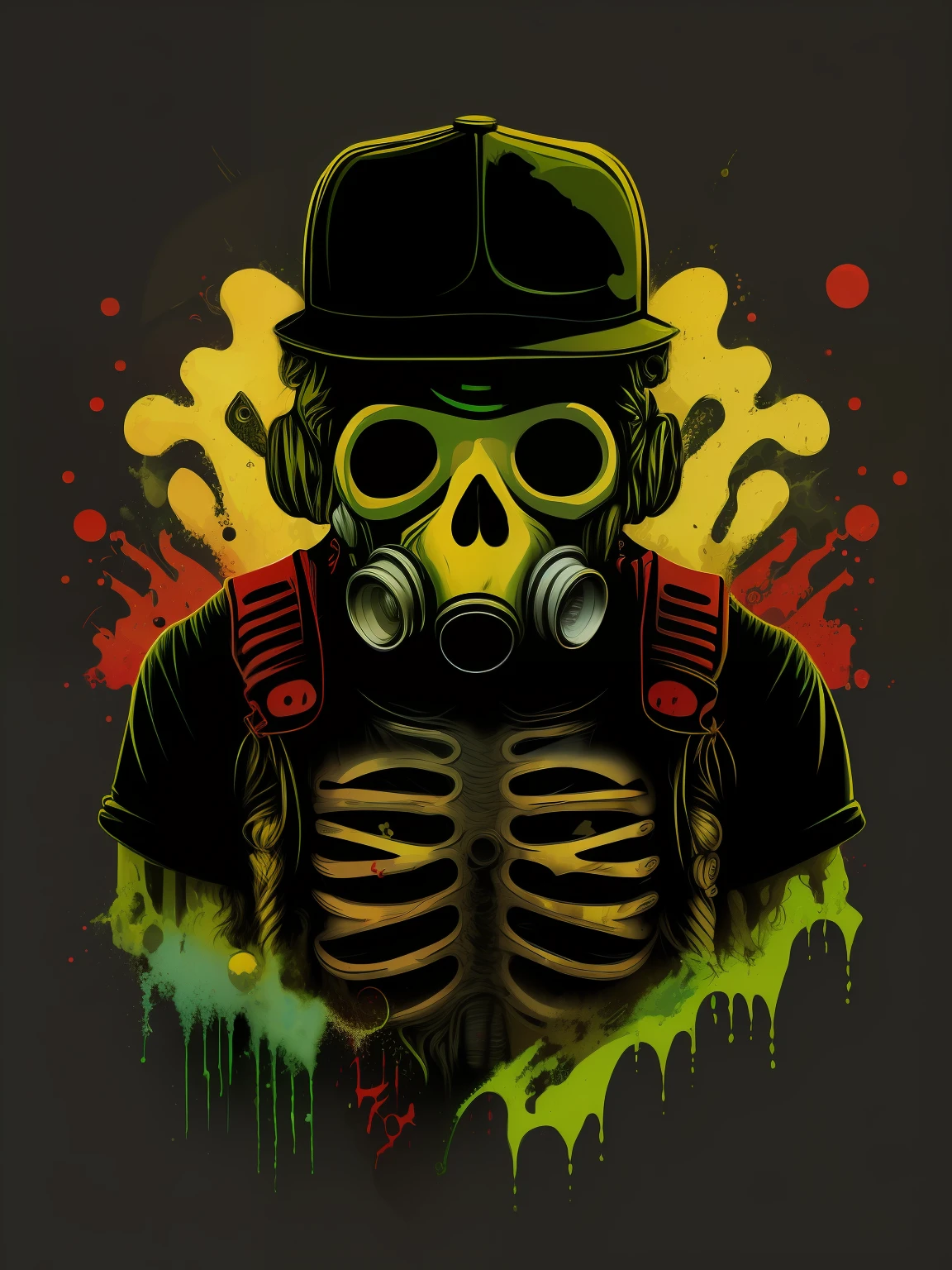 Pixador skeleton with gas mask and cap, splash, spray, faixas, anos 80, imagem vetorial, design de camiseta, isolado, fundo preto, illustration ,usar somente cores verde amarelo e vermelho, destaque