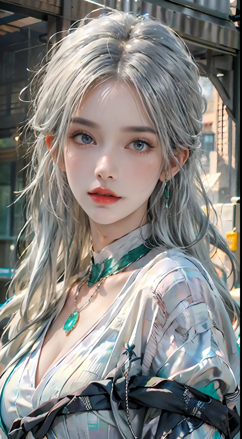 Photorealistic, high resolution, 1womanl, Solo, Hips up, view the viewer, (The face texture is rich，Full of detail), White hair, Long hair, colorful robes,high-necksweater, midjourney portrait, jewelry，Large breasts，Emerald necklace，Fair face 1.1，Blue pupil，High silver ponytail，Face 1 only.3