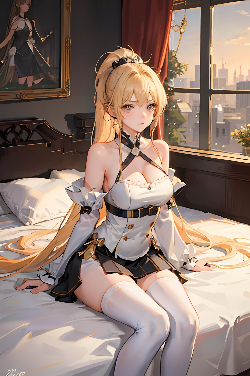 1个Giant Breast Girl, Ray traching, Bedrooms, Fluffy blonde hair, Busty and slender princess, Wears a high ponytail, in a  bedroom, Gold eyes, It shows a delicate and slender figure and beautiful curves, Correct limbs, Sit cross-legged on the bed，Wearing white stockings, action（Sit cross-legged on the bed）, Looking out the window, There is nowhere to put your hands, Masterpiece, ccurate, Super detail, High details, hyper HD