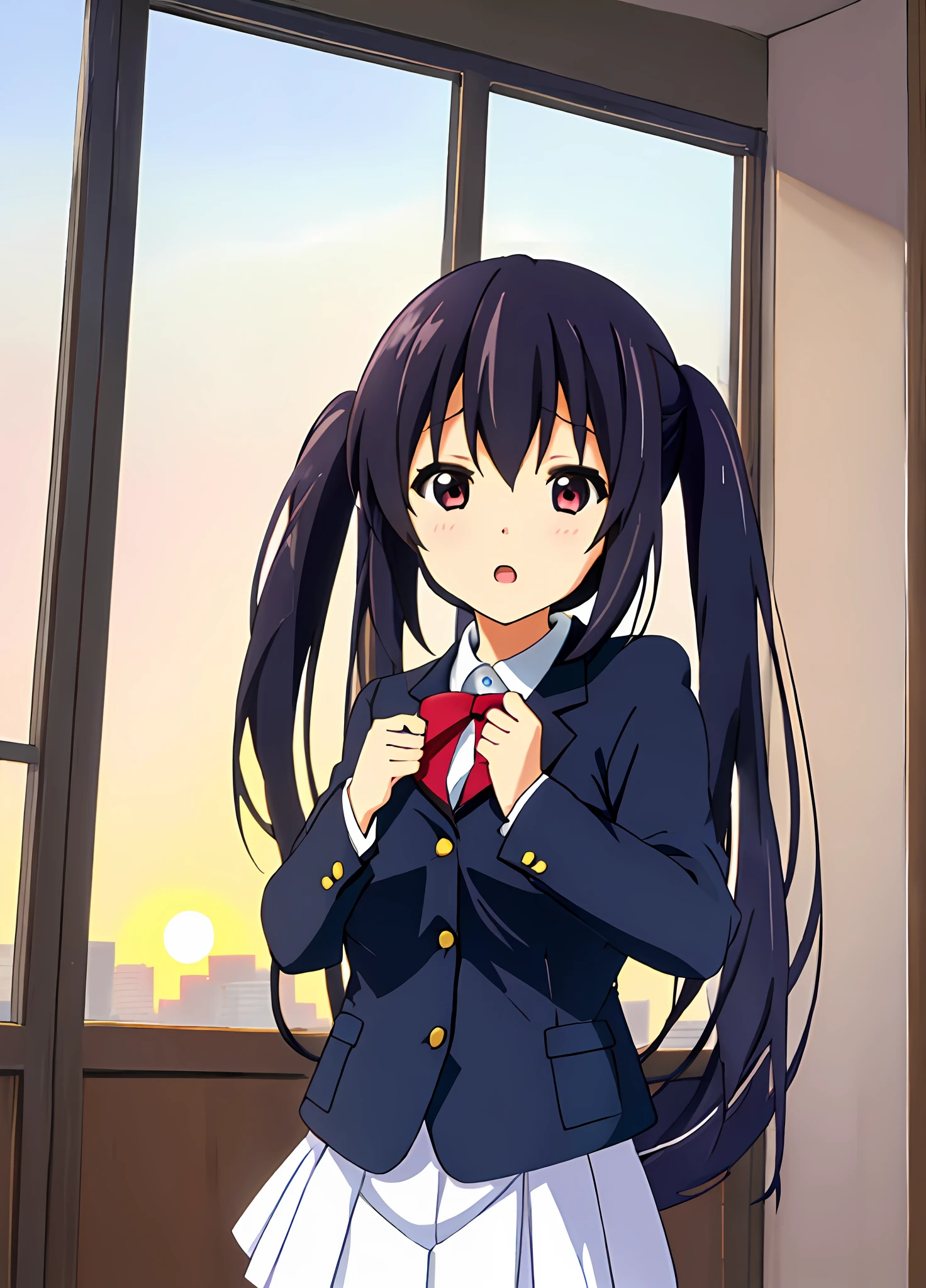 1girl, (((masterpiece))), top-quality, top-quality, High Details, nakano azusa, 1girl, Sakuragaoka High School Uniform, student clothes, Twin-tailed, length hair, A dark-haired, brown-eyed, 独奏, reddish, Dark blue blazer with thin red ribbon, Solid white buttoned shirt under blazer, illustratio, comic strip, soothing tones, Subdued Color, Soft cinematic light, adobe lightroom, photolab, HDR, intricately and hyper-detailed、(((depth of fields))))。(((masterpiece)))。(((top-quality))).)((ultra-detailliert)))。(((illustratio)))。(((takeout))).dynamic focus.big breasts.(((Skyscrapers))).(((A city scape))).(((Face of sadness))). open mouth.(((fighting stance))).(((up chest))).((evening glow)).((the setting sun)).