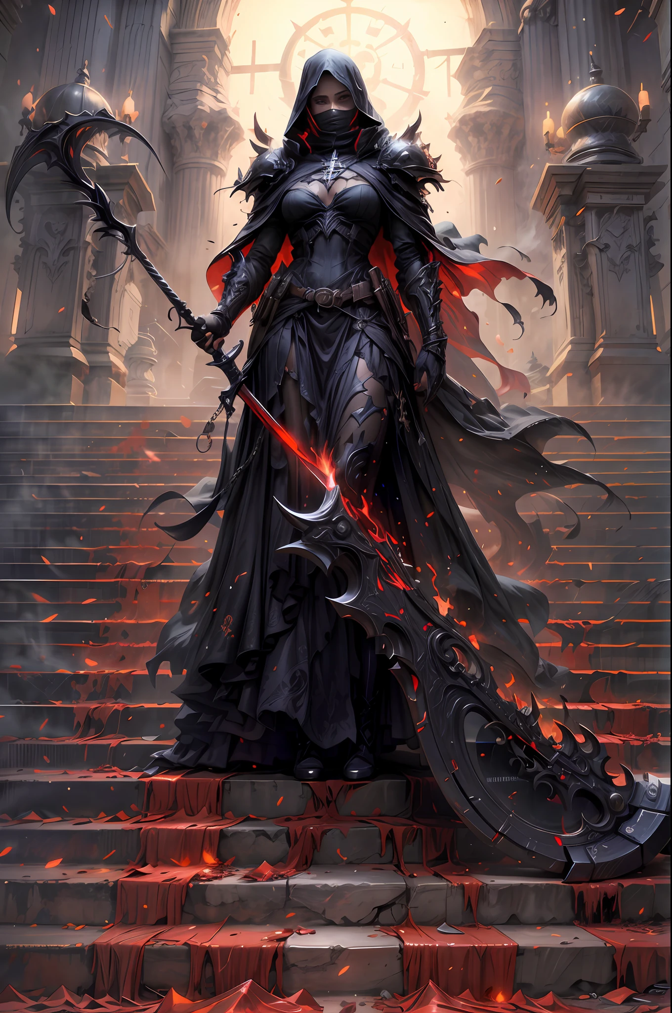 Holy church background,The messenger of hell descended the stairs,Arad woman in black dress,A gray cloak covered the face,Bronzed spiked armor,Imposing and mysterious,With a sense of oppression,On the stairs with a dark red scythe,dark fantasy style art, abaddon and magali villeneuve, The blade reflects a strong red glow,Backside light source,Contour light,3Drenderingof,unreal-engine,rendering by octane,8K分辨率,tmasterpiece。hyper-high detail,awardwinning