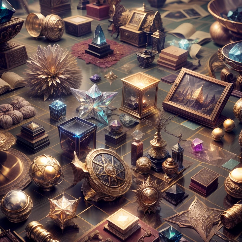 (Full Focus:2),Original style,Antiques on the tabletop,Jewelry on the tabletop,Crystal gemstone on tabletop,plethora of colors,Magic symbols,Magic light particle effect,high - tech,luxury goods, High-value jewelry,High-value metals,luxury goods,Puzzles are prohibited, Detailed and complex background, glittery, reflective light, hyper HD, Award-Awarded, A high resolution, High detail, Chiaroscuro, Cinematic lighting, Masterpiece, Ray traching,structurally correct, Super detail, High quality, High details, Best quality, 16k