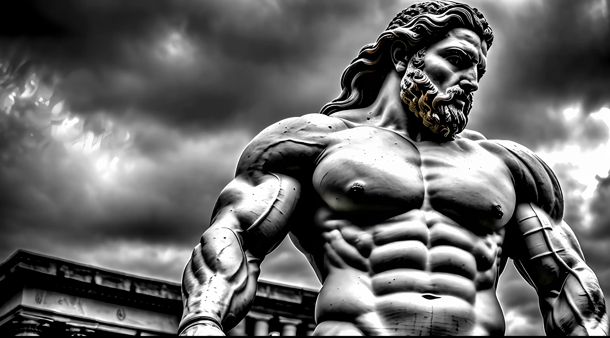 Marble statue of a very muscular male warrior god, barba grande, face agressiva, olhando para cima, (Crisp face:1.1), epic scene, Epic composition, foco nítido, dynamic  lighting, cinematic lighthing, profundidade de campo, Bokeh, Realismo, fotorrealista, hiper-realismo, fotografia profissional, UHD, DSLR, HDR, environment occlusion, iris and pupil rendering, Advanced color sorting