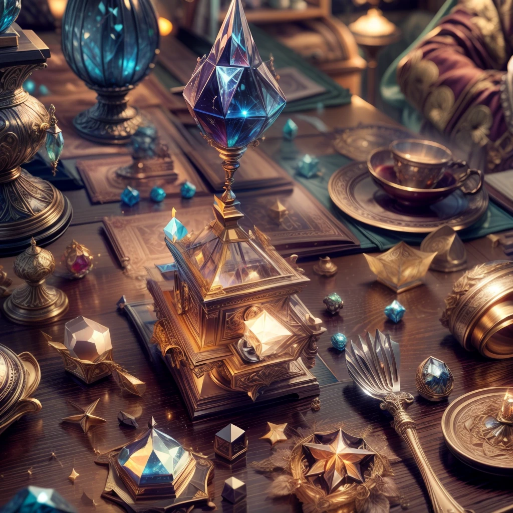(Full Focus:2),Original style,Antiques on the tabletop,Jewelry on the tabletop,Crystal gemstone on tabletop,plethora of colors,Magic symbols,Magic light particle effect,high - tech,luxury goods, High-value jewelry,High-value metals,luxury goods,Puzzles are prohibited, Detailed and complex background, glittery, reflective light, hyper HD, Award-Awarded, A high resolution, High detail, Chiaroscuro, Cinematic lighting, Masterpiece, Ray traching,structurally correct, Super detail, High quality, High details, Best quality, 16k