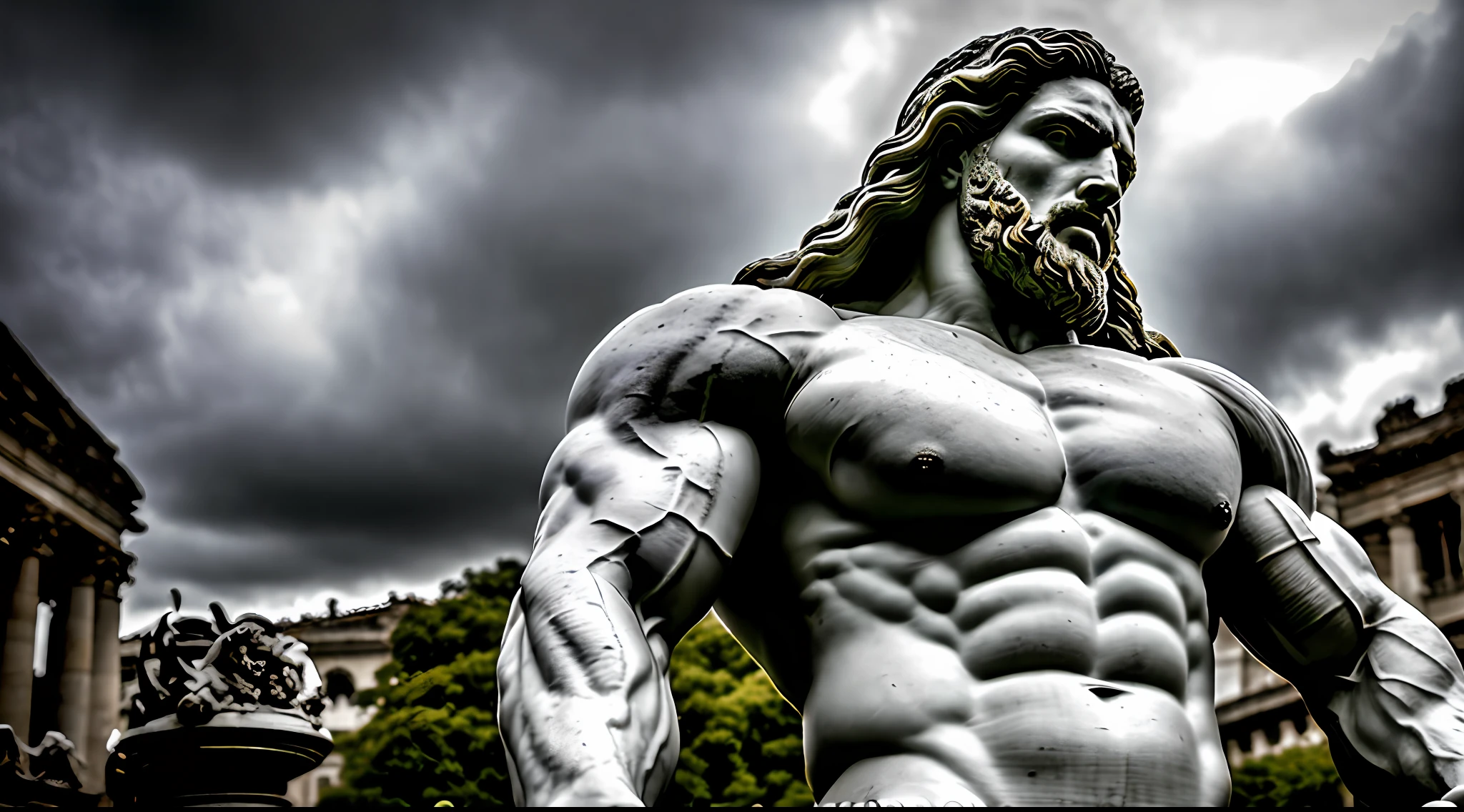 Marble statue of a very muscular male warrior god, barba grande, face agressiva, olhando para cima, (Crisp face:1.1), epic scene, Epic composition, foco nítido, dynamic lighting, cinematic lighthing, profundidade de campo, Bokeh, Realismo, fotorrealista, hiper-realismo, fotografia profissional, UHD, DSLR, HDR, environment occlusion, iris and pupil rendering, Advanced color sorting