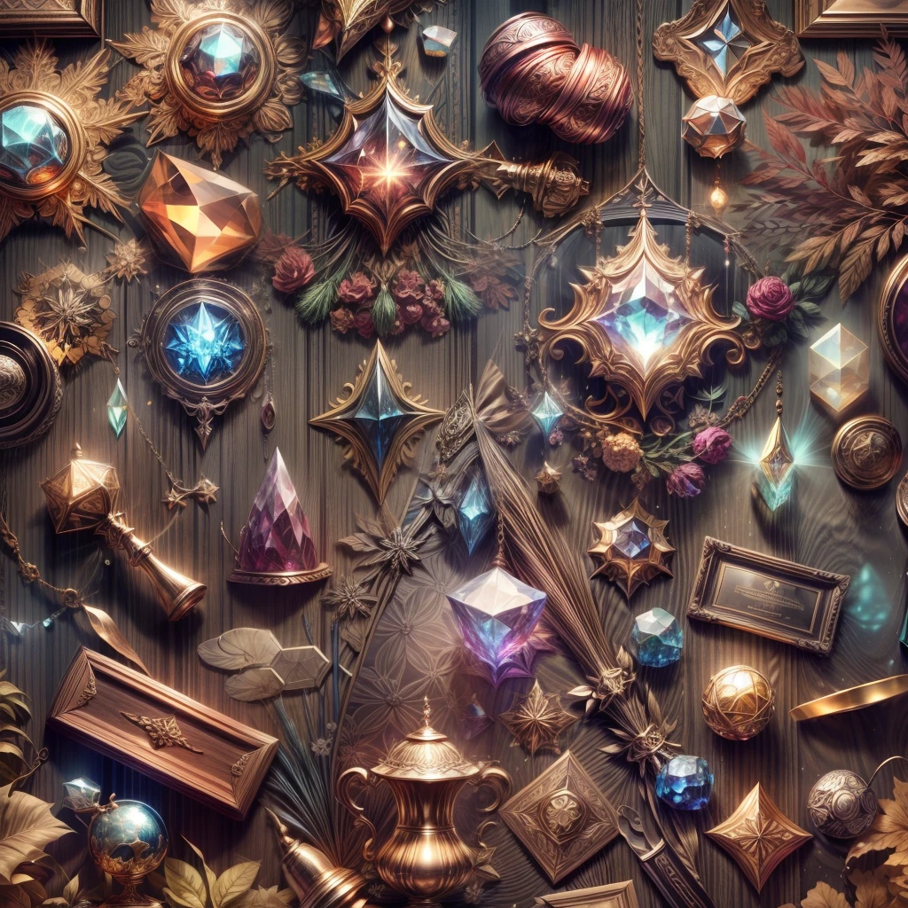 （Full Focus：2）,Original style，Antiques on the tabletop，Jewelry on the tabletop，Crystal gemstone on tabletop,plethora of colors，Magic symbols，Magic light particle effect，high - tech，luxury goods， High-value jewelry,High-value metals，luxury goods，Puzzles are prohibited, Detailed and complex background, glittery, reflective light, hyper HD, Award-Awarded, A high resolution, High detail, Chiaroscuro, Cinematic lighting, Masterpiece, Ray traching，structurally correct, Super detail, High quality, High details, Best quality, 16k
