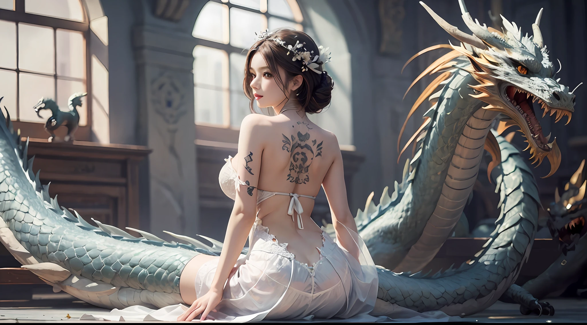 （Very detailed CG unity 8K wallpaper，tmasterpiece，best qualtiy，ultra - detailed，beatiful detailed eyes：1.2），best illuminate，（The best shadow，Extremely refined and beautiful，full bloom），The girl is surrounded by dragons，（1girll：1.4），?????????????，独奏，full bodyesbian，tattooed back，white dresses，（Colorful dragon：1.4），????? leg，long  skirt，