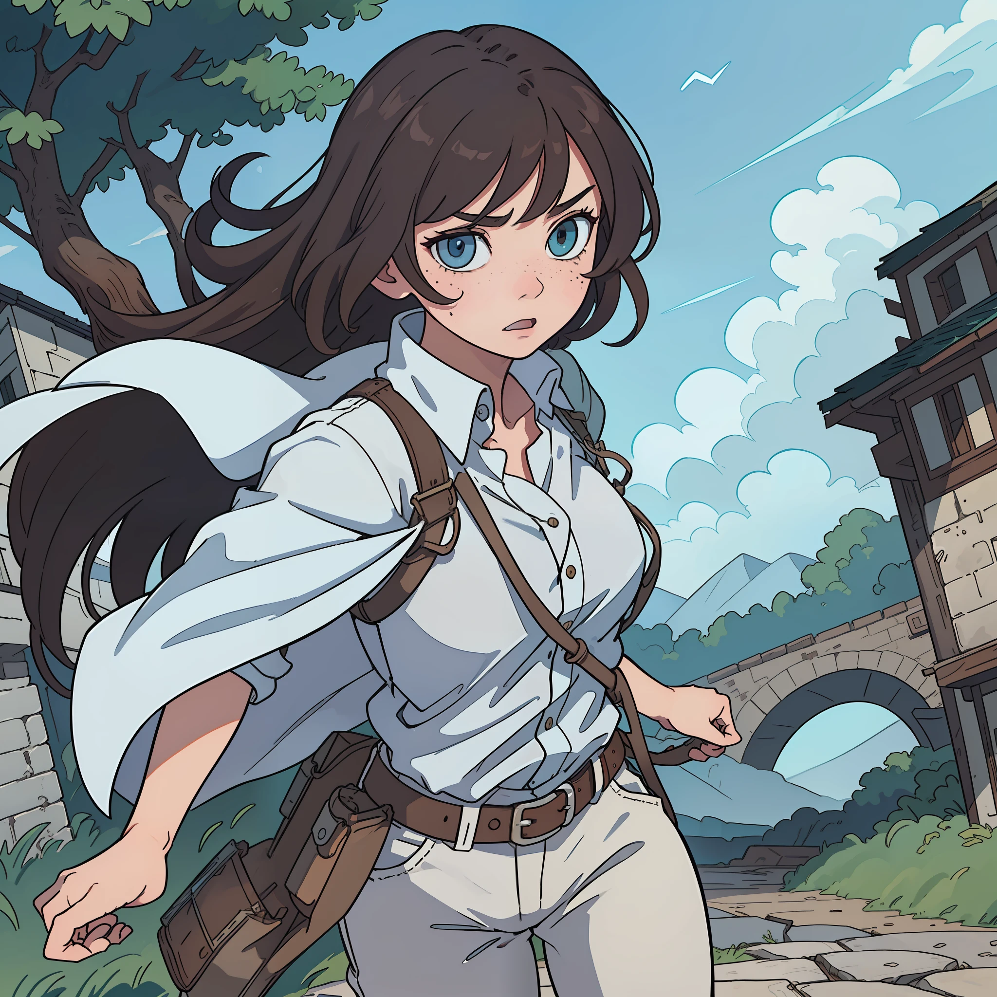 best quality, masterpiece, illustration, an extremely delicate and beautiful, extremely detailed ,CG ,unity ,8k wallpaper, Amazing, finely detail, masterpiece,best quality,official art, extremely detailed CG unity 8k wallpaper,l, huge filesize, ultra-detailed, highres, extremely detailed, extremely detailed eyes and face, beautiful detailed eyes, expressive eyes, light blue upturned eyes, white button up, dark green scout cape, thick long dark brown hair, freckles, attack on titan, full body, tan complexion, full body, triangle bang, village landscape, white pants, odm gear, brown belts, killin titan, angry