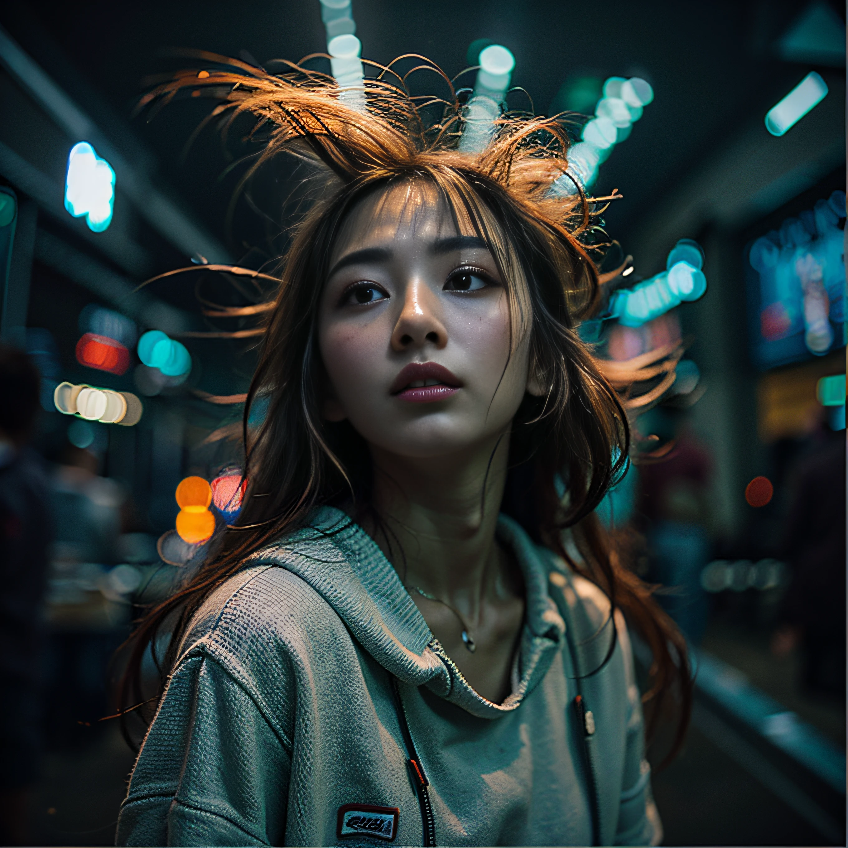 8K, RAW Photos, top-quality, masterpiece: 1.2),fish-eye lens、(((Wide View)))、fish-eye lens、Reach out and jump pose、Hair disheveled in the wind、fully body photo、Red or orange neon、Cyberpunk movies、Raw photo of beautiful Korean 20 year old woman、Half Face、deep in the night、darkened room、hightquality、More skin、Lustrous skin、clearface、cinema shot、nffsw、foco nítido