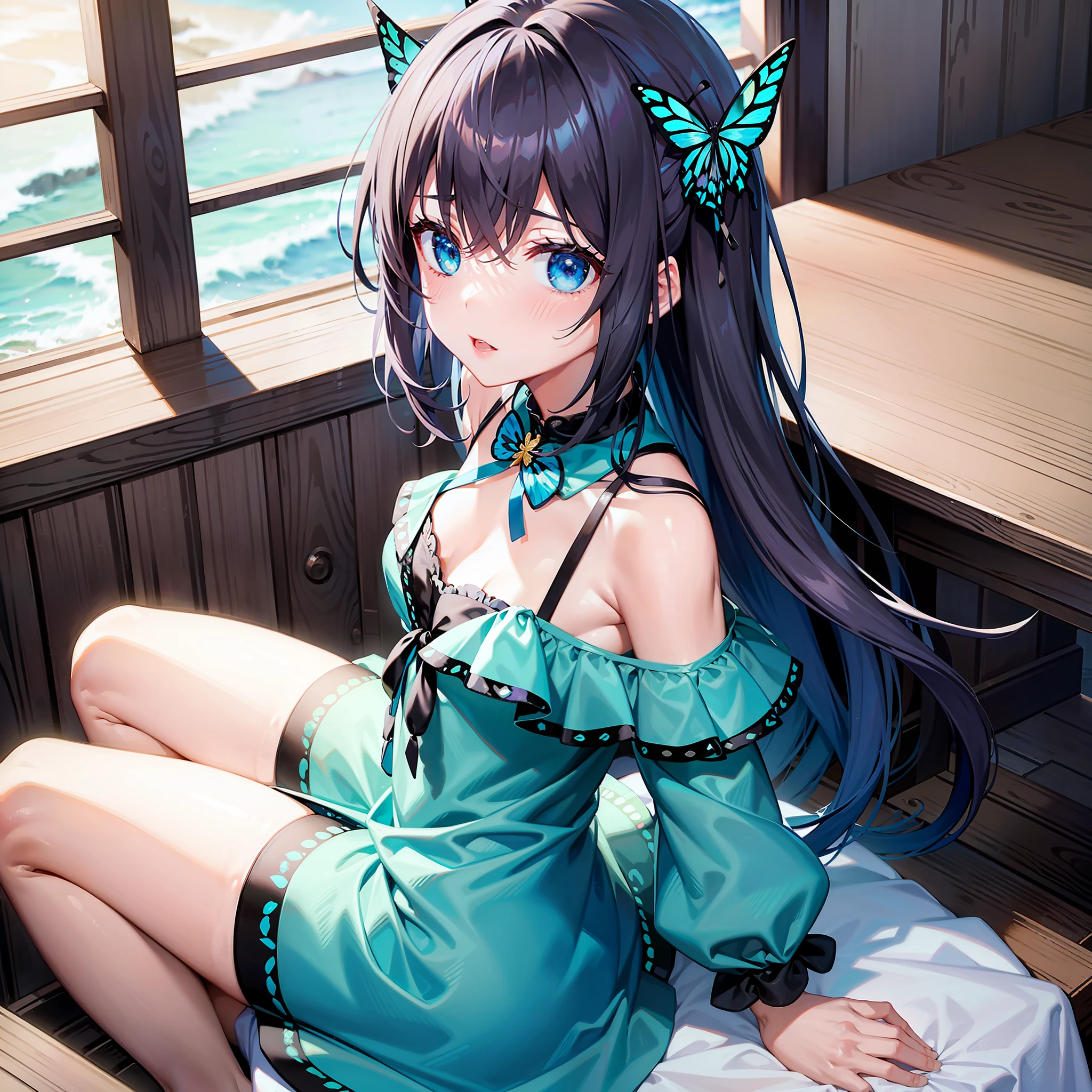1girll,独奏,sit on chair,Indoors,cabelos preto e longos,Butterfly hairpin,Ocean blue dress