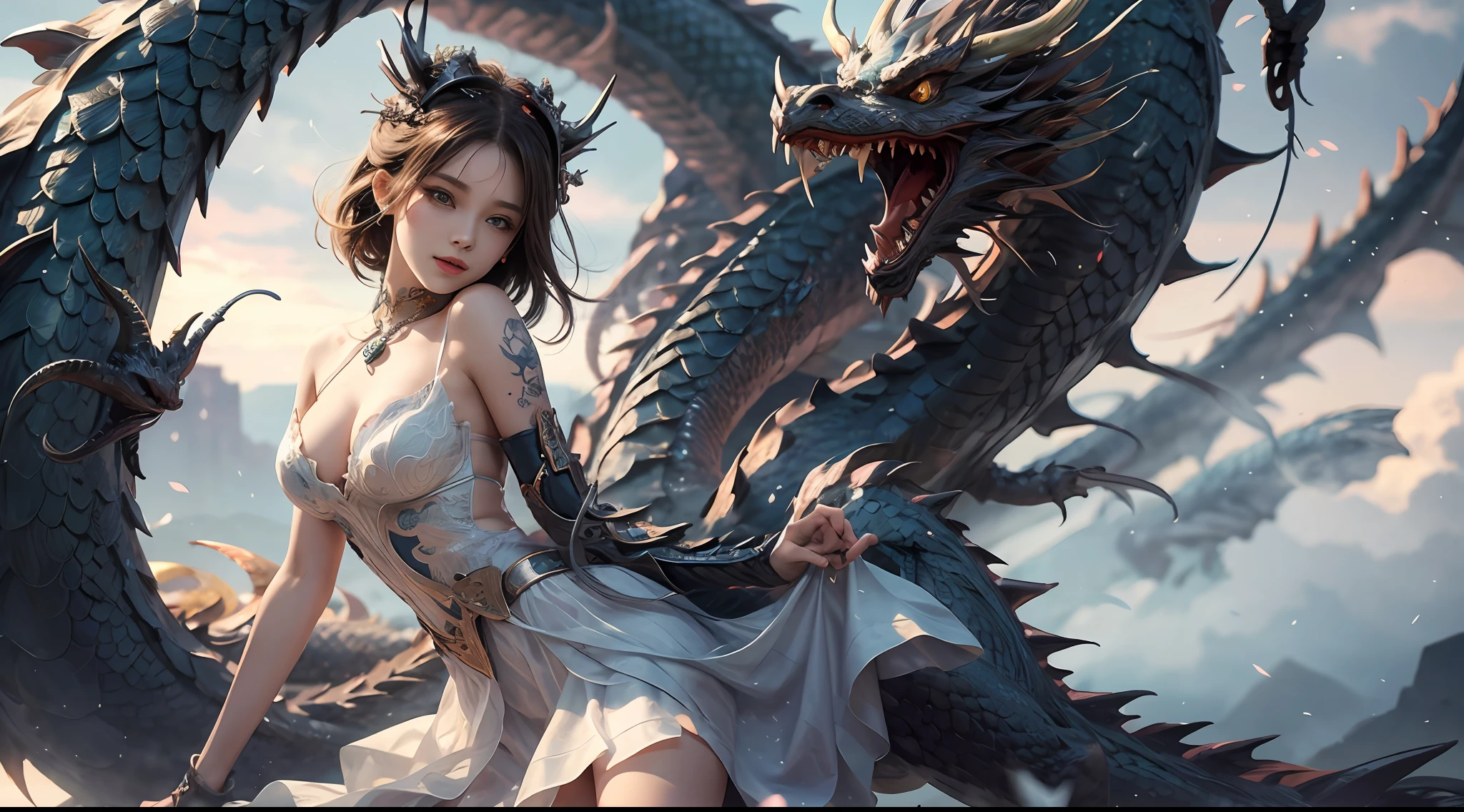 (Very detailed CG unity 8K wallpaper,tmasterpiece,best qualtiy,ultra - detailed,beatiful detailed eyes:1.2),best illuminate,(The best shadow,Extremely refined and beautiful,full bloom),The girl is surrounded by dragons,(1girll:1.4),Large breasts,独奏,full bodyesbian,tattooed back,white dresses,(Colorful dragon:1.4),naked leg,long skirt,