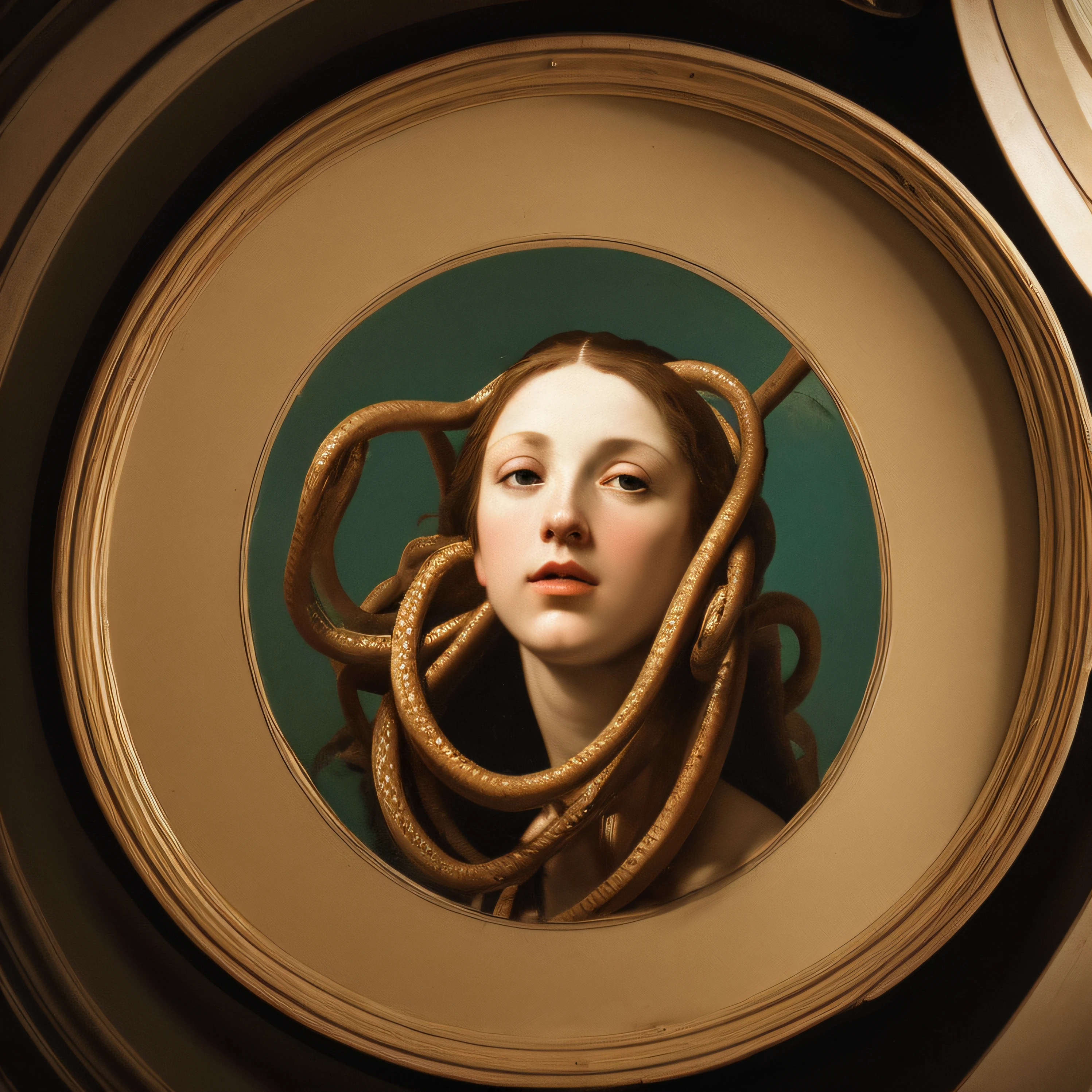 recriar a medusa de Caravaggio , Cinematic lighting, low-up angle, Imagem inspirada nas fotografias de Bruce LabruceA melhor qualidade, master part, high-resolution, 8k, imagem hiperrealista, profissional photo, Realistic image, whole body view, low-up angles,
