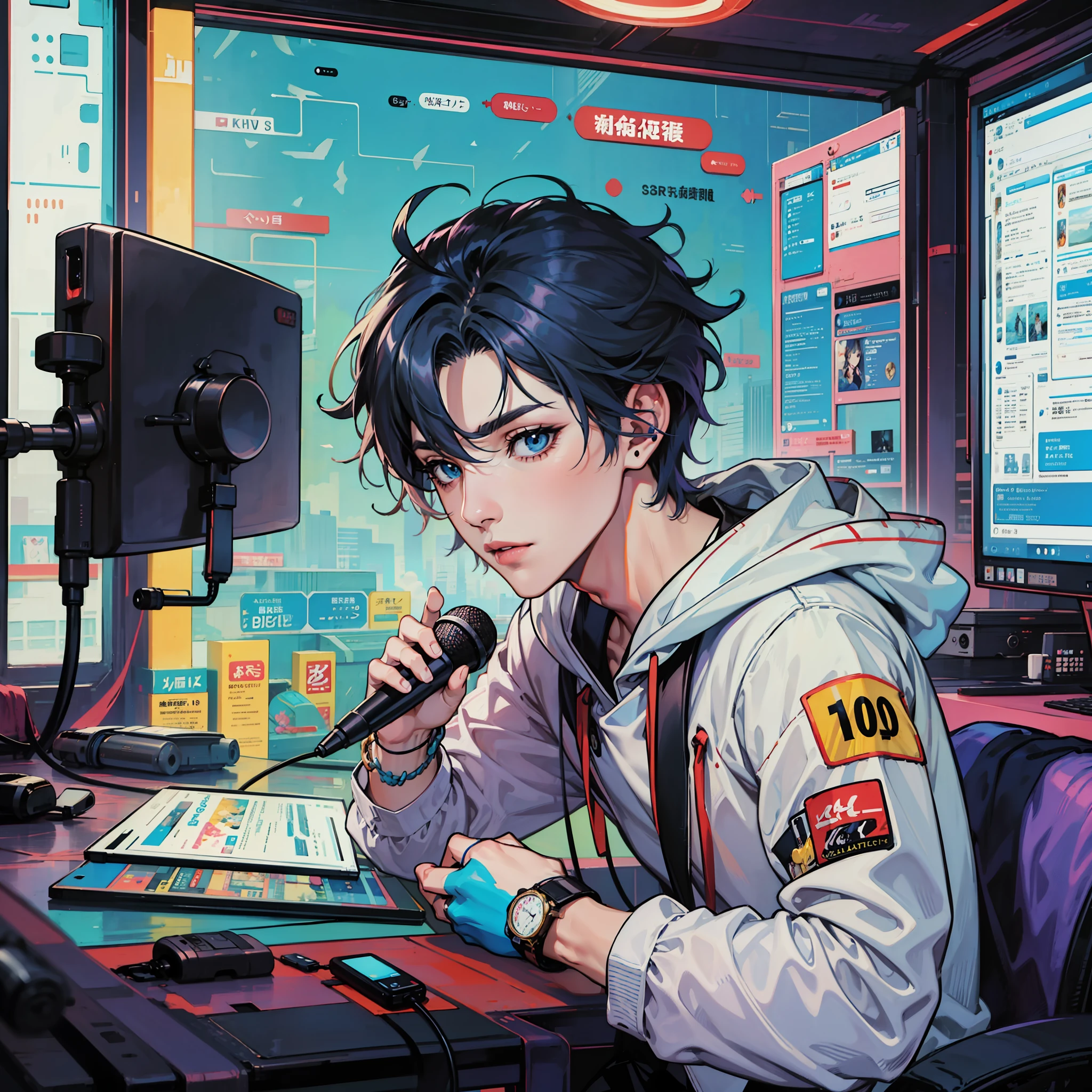 Anime boy calls to talk, ig studios anime style, nightcore, style of anime4 K, High quality anime art style, Anime boy, young anime man, Anime art style, Digital anime illustration, Anime style. 8K, in an anime style, male anime character, Kawasi，best qualtiy：1.0），（超高分辨率：1.0），Anime boys，with short black hair，blue color eyes，sitting in front of the computer，Speak into the microphone，The background is in the esports room，Earphone，The head is close to the microphone,8K，Faraway view