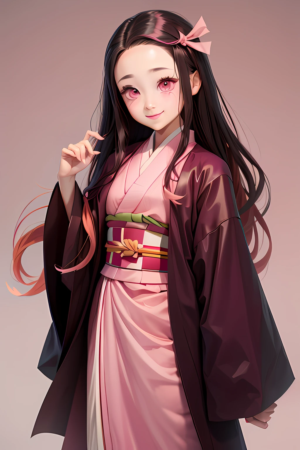 nezuko kamado, multicolored hair, pink kimono, slit pupils, Full body, light smile, top quality, hair ribbon, pink eyes, pink nails, pink ribbon, simple background, solo, white background, ((masterpiece))