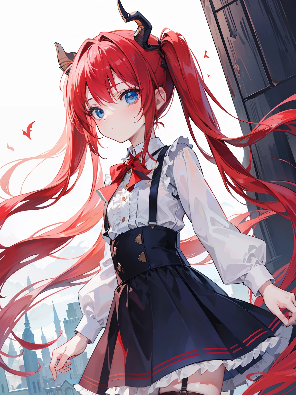 {{best quality}}, {{masterpiece}}, {{ultra-detailed}}, {illustration}, {detailed light}, red hair,blue eyes,twintails,lolita,Suspenders skirt,Fantastic,loli,solo,Dragon horns,little girl,long hair