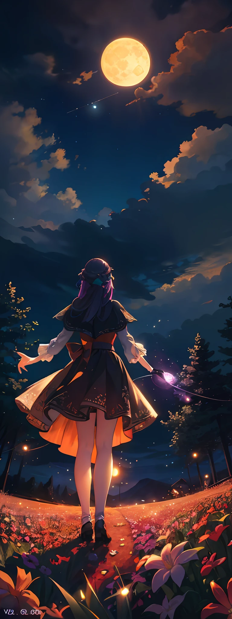 Vast landscape photo, (viewed from below, the sky is above and the open field is below), a girl standing on a flower field looking up, (full moon: 1.2), (meteor: 0.9), (nebula: 1.3), distant mountains , Trees BREAK Crafting Art, (Warm Light: 1.2), (Fireflies: 1.2), Lights, Lots of Purple and Orange, Intricate Details, Volumetric Lighting, Realism BREAK (Masterpiece: 1.2), (Best Quality), 4k, Ultra-Detailed, (Dynamic Composition: 1.4), Very Detailed, Colorful Details, (Rainbow Colors: 1.2), (Glow Lighting, Atmospheric Lighting), Dreamy, Magical, (Solo: 1.2)
