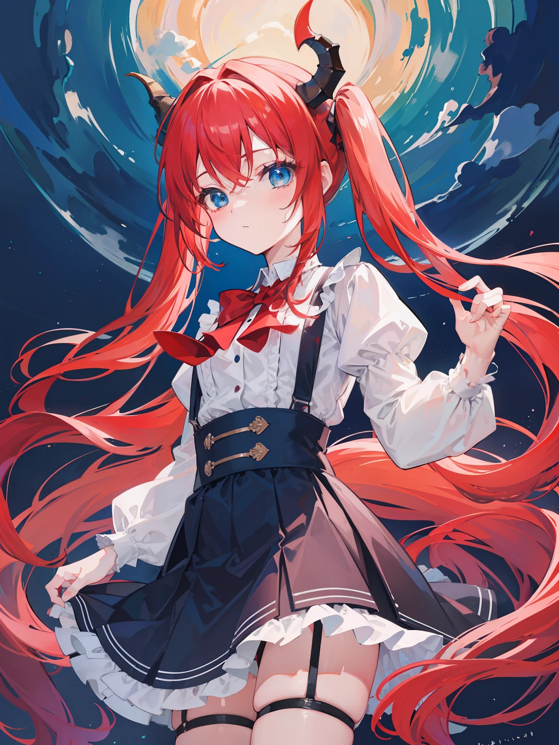 {{best quality}}, {{masterpiece}}, {{ultra-detailed}}, {illustration}, {detailed light}, red hair,blue eyes,twintails,lolita,Suspenders skirt,Fantastic,loli,solo,Dragon horns,little girl,long hair