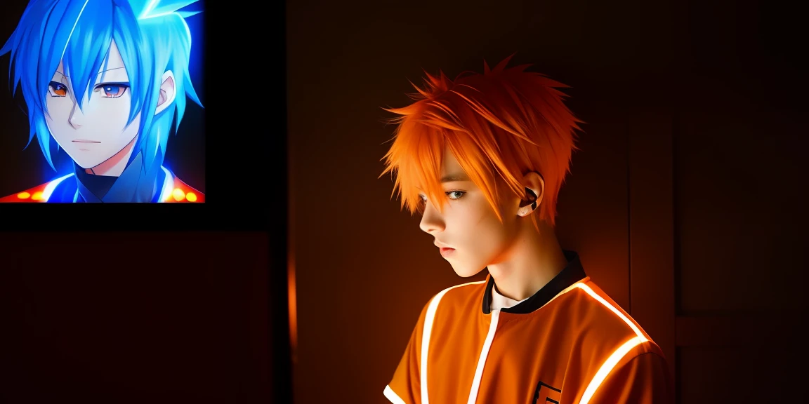 Anime boy glowing orange and blue hair holding a living thunder