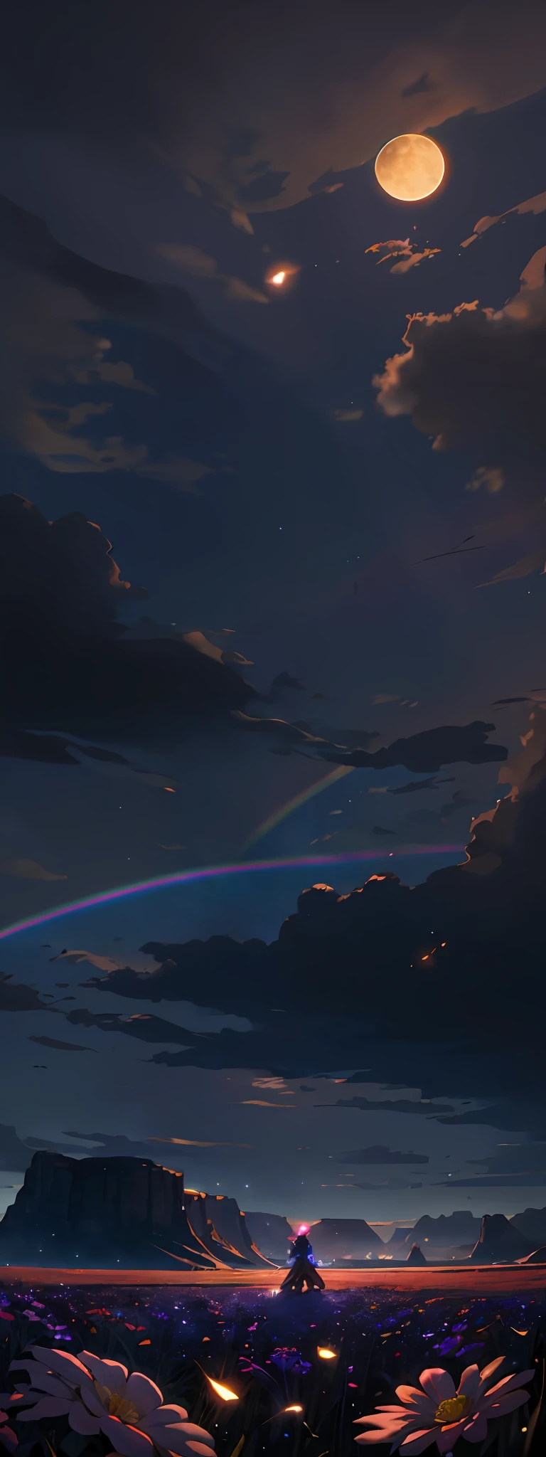 Vast landscape photo, (viewed from below, the sky is above and the open field is below), a girl standing on a flower field looking up, (full moon: 1.2), (meteor: 0.9), (nebula: 1.3), distant mountains , Trees BREAK Crafting Art, (Warm Light: 1.2), (Fireflies: 1.2), Lights, Lots of Purple and Orange, Intricate Details, Volumetric Lighting, Realism BREAK (Masterpiece: 1.2), (Best Quality), 4k, Ultra-Detailed, (Dynamic Composition: 1.4), Very Detailed, Colorful Details, (Rainbow Colors: 1.2), (Glow Lighting, Atmospheric Lighting), Dreamy, Magical, (Solo: 1.2)