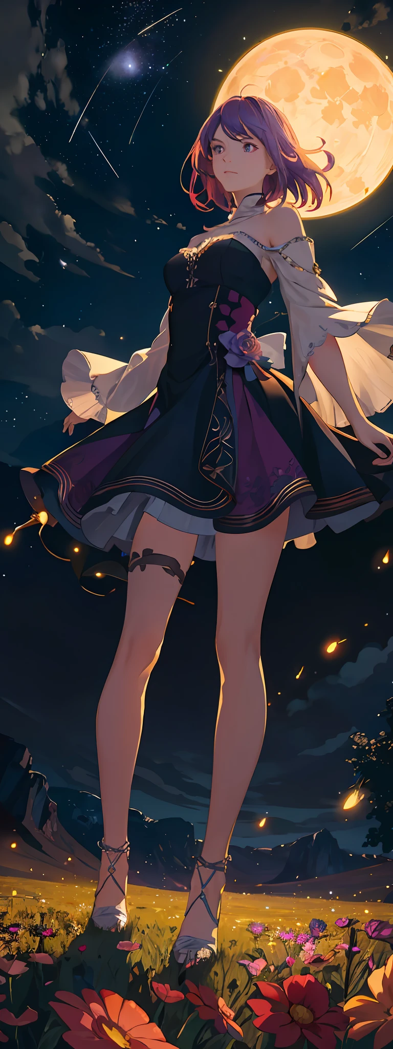 Vast landscape photo, (viewed from below, the sky is above and the open field is below), a girl standing on a flower field looking up, (full moon: 1.2), (meteor: 0.9), (nebula: 1.3), distant mountains , Trees BREAK Crafting Art, (Warm Light: 1.2), (Fireflies: 1.2), Lights, Lots of Purple and Orange, Intricate Details, Volumetric Lighting, Realism BREAK (Masterpiece: 1.2), (Best Quality), 4k, Ultra-Detailed, (Dynamic Composition: 1.4), Very Detailed, Colorful Details, (Rainbow Colors: 1.2), (Glow Lighting, Atmospheric Lighting), Dreamy, Magical, (Solo: 1.2)