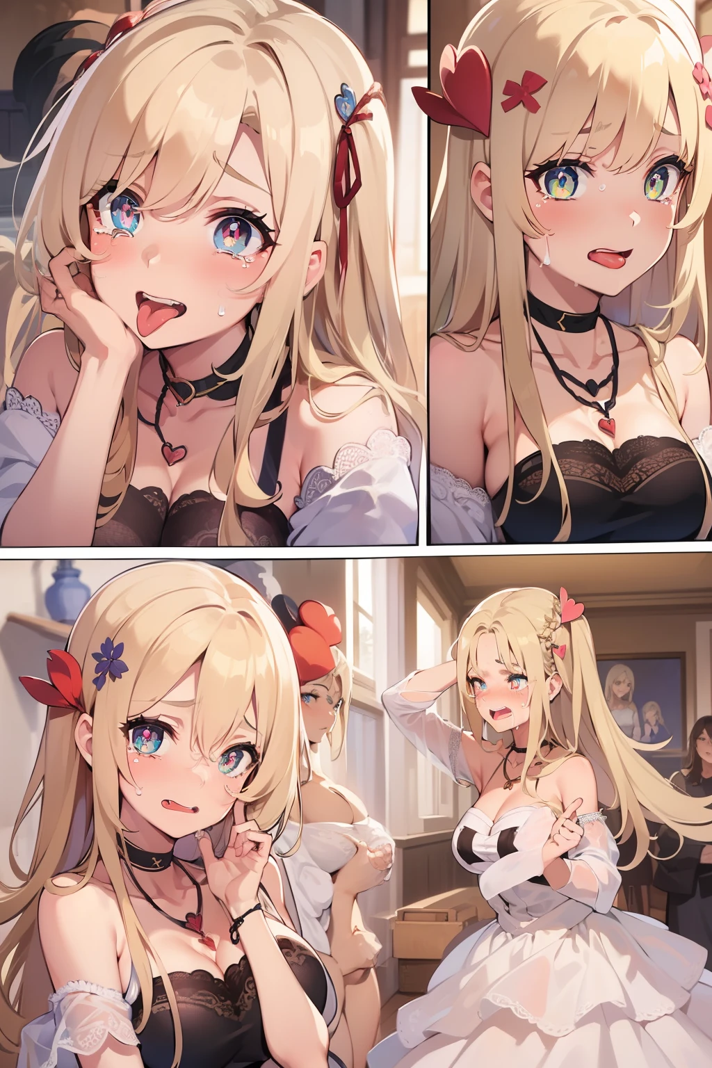 (Masterpiece: 1.4), (Best quality: 1.4), 8K, HD, ultra clear，1girl，（big breasts：1.4），long blond hair,(Heart-shaped pupil:1.3),(Tongue out:1.2),scared:1.3，(cry:1.4),Bare abdomen，White lace underwear，Skirt，（Looking up），Bedroom at night，necklace，Messy clothes