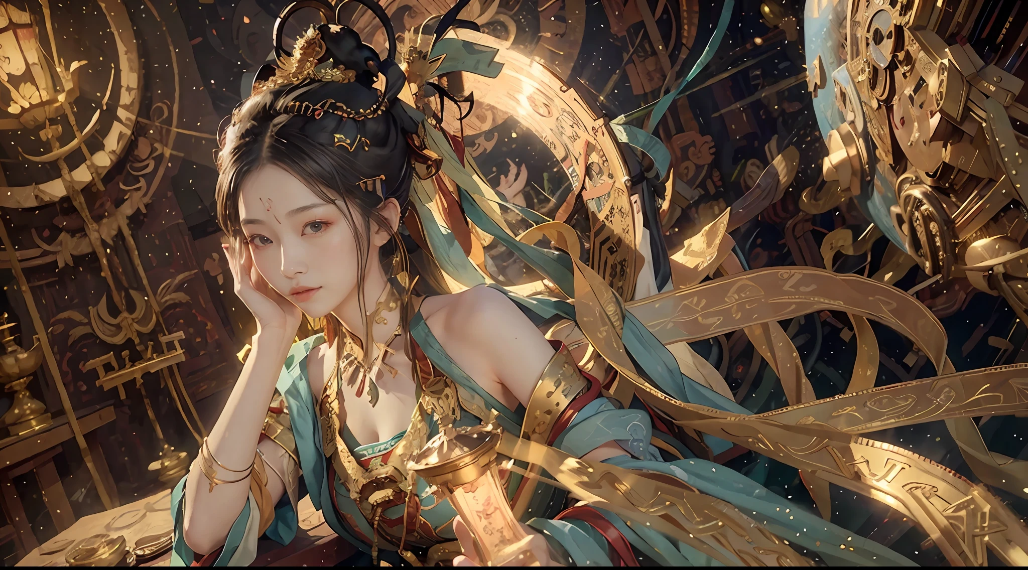 (RAW photos,best qualtiy),(realisticlying,photograph realistic:1.3),best qualtiy,highly detailed,tmasterpiece,hyper-detailing,illustratio,1girll,upper_body,dynamic angle,Masterpiece Theatre of the World,messy_long_hair,extremely detailed CG unity 8k wal,ink,astounding,cinmatic lighting,lens_flare,,dunhuang_style,Traditional costumes of Dunhuang, China, western regions,