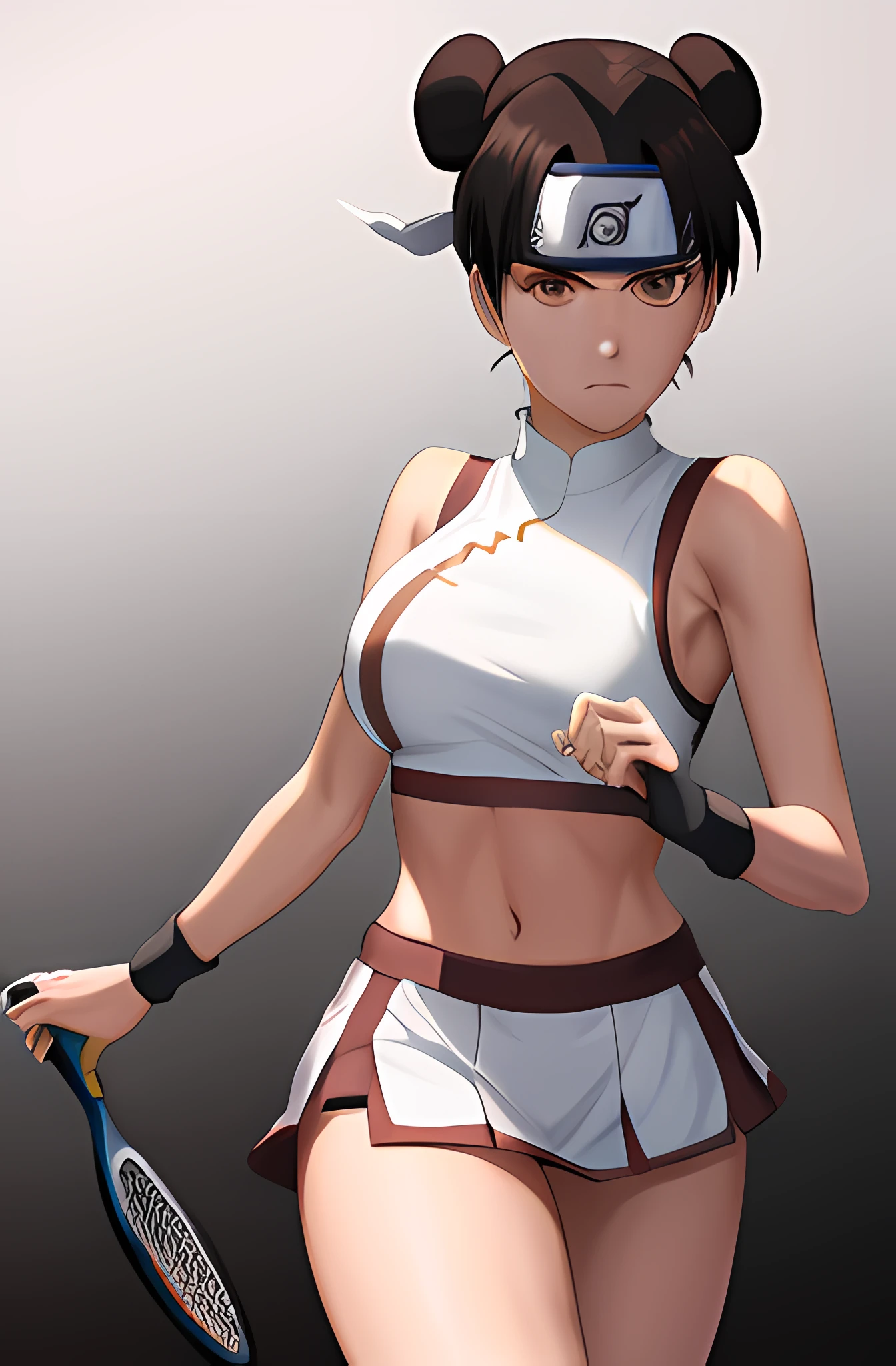 masterpiece, absurdres , (intricate details), (colorful),cinematic lighting,bust shot,extremely detailed CG unity 8k wallpaper,tenten\(shippuden\), 1girl, solo, large breasts, forehead protector, konohagakure symbol, headband, looking at viewer, frown, (white sports bra), (white miniskirt), (field background), blushing, tennis racket, skinny waist, ((busty)), (thighs),