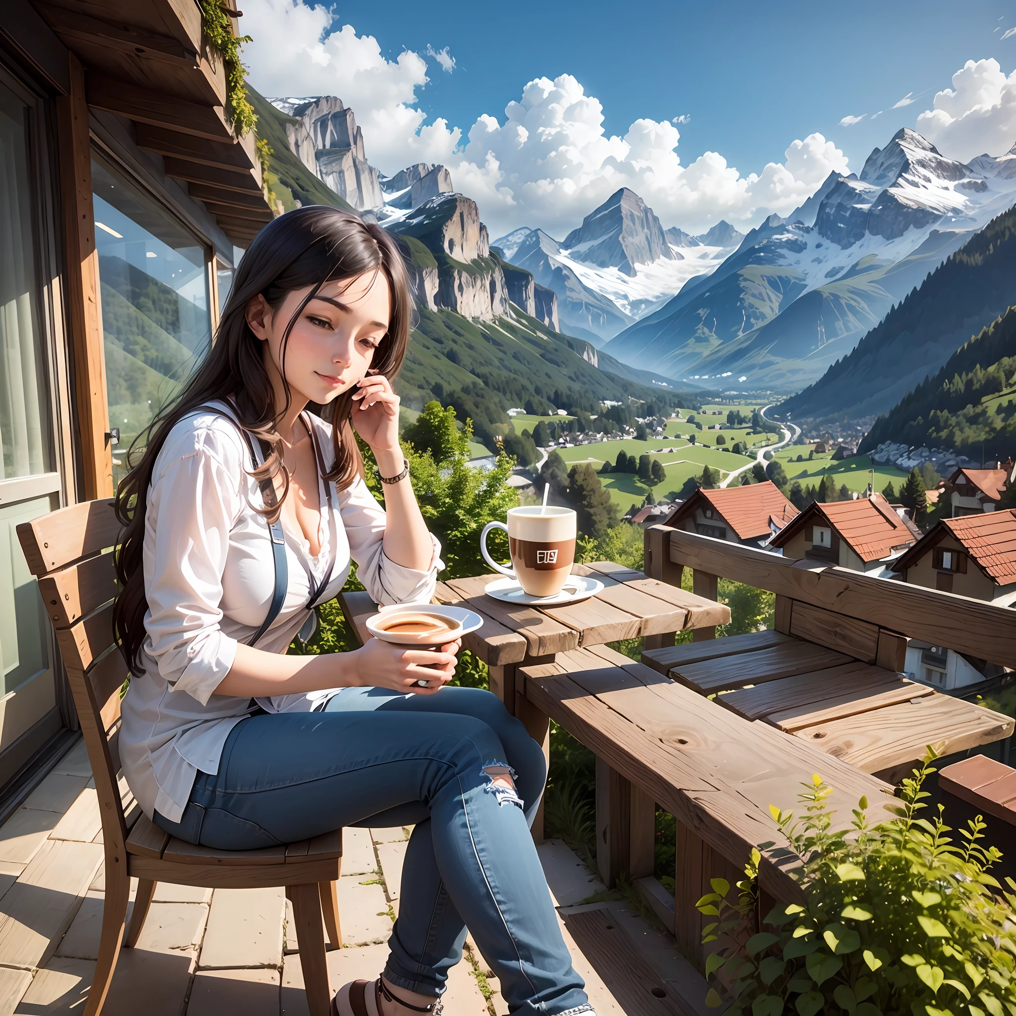 A perfect morning in switzerland, siting at cafe, while sipping coffee and watching Nature