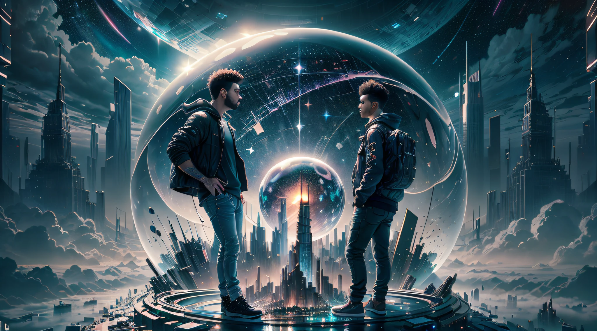 The Weeknd & Bad Bunny in a giant mirrored sphere floating in space, a futuristic city within the sphere, new york, statue of liberty, perspective, twinkling lights, a man admiring, jeans, sweatshirt, (dark sky with clouds and stars:1.3), particles in the air, ray of god, detailed, masterpiece, high resolution, best quality, HD detail, hyper-detail, cinematic, surrealism, soft light, ray tracing and surrealism.