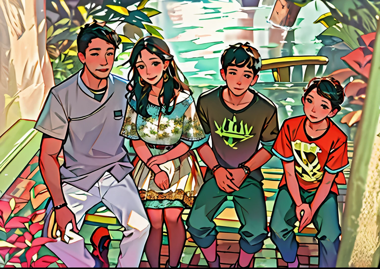 There are four people sitting on a bench,Happy family, Family photo,A family portrait