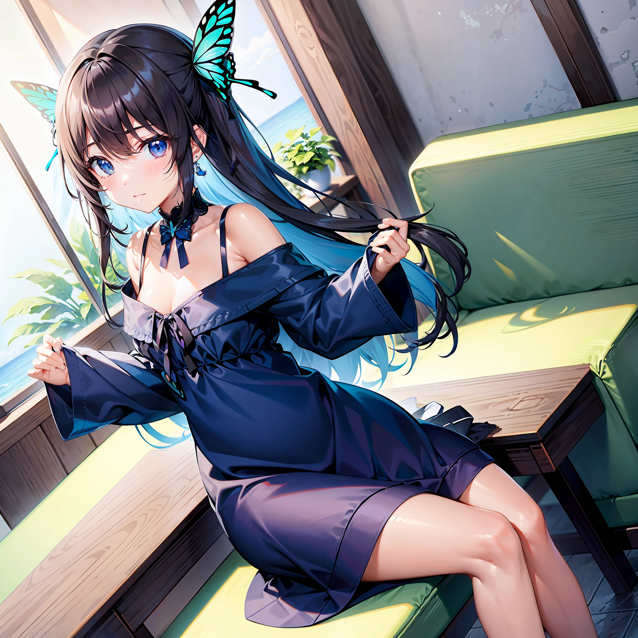1girll,独奏,sit on chair,Indoors,cabelos preto e longos,Butterfly hairpin,Ocean blue dress