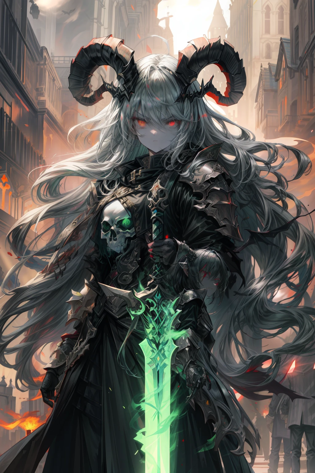 The messenger of the devil,Demon girl in the city,Wear armor consisting of skeletons,Topping a pair of demon corners,long white hair,red luminous eyes,Stunning and delicate skull decorations,A fluorescent green magic sword,Exudes an ominous demon flame,8K,real rendering,unreal-engine,The messenger of hell is on earth,angry look,tmasterpiece,super detailing,The light from the back window is backlighted,Contour light,Green flash particles,Translucent magic sword,