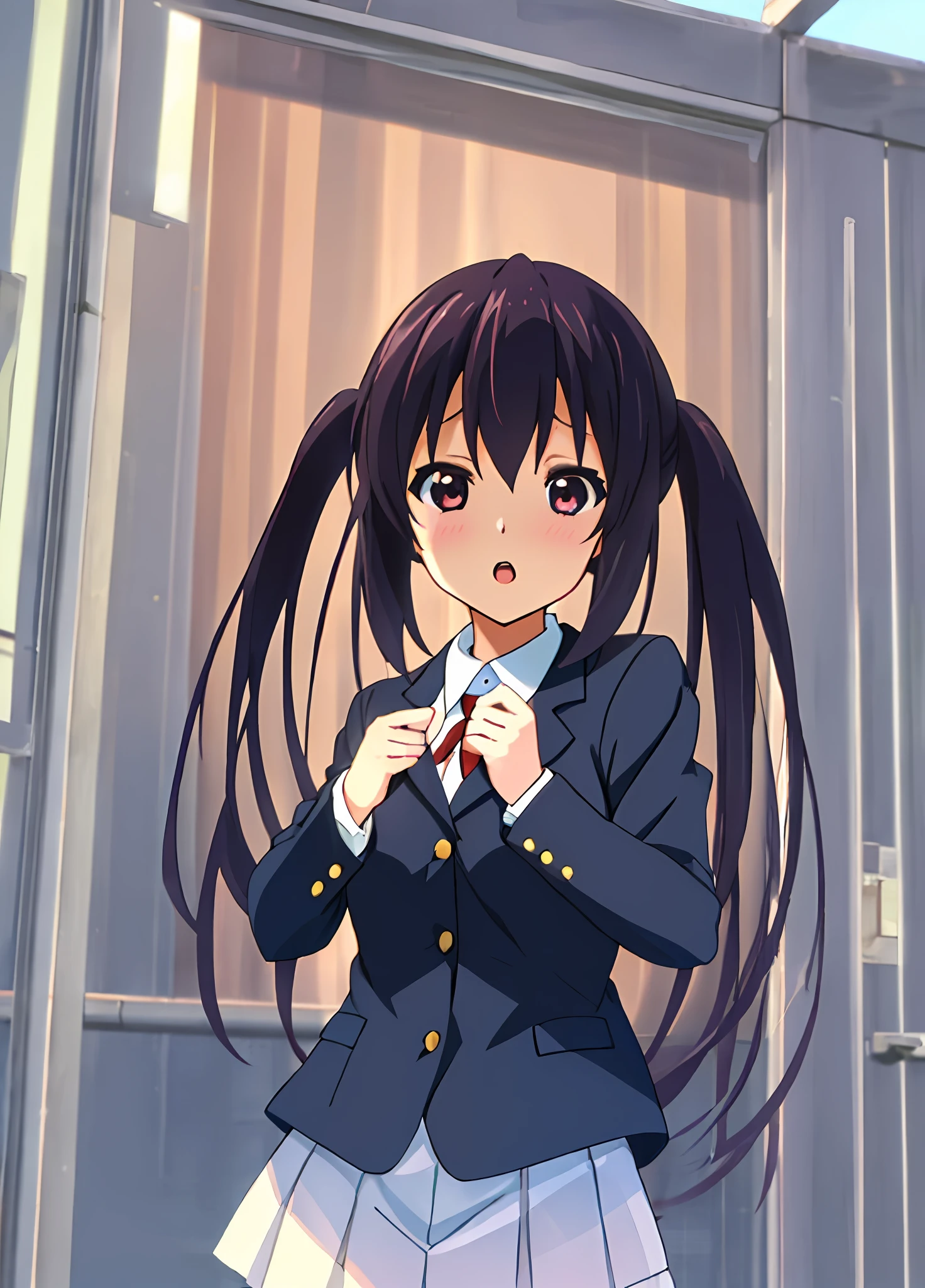 1girl, (((masterpiece))), top-quality, top-quality, High Details, nakano azusa, 1girl, Sakuragaoka High School Uniform, student clothes, Twin-tailed, length hair, A dark-haired, brown-eyed, 独奏, reddish, Dark blue blazer with thin red ribbon, Solid white buttoned shirt under blazer, illustratio, comic strip, soothing tones, Subdued Color, Soft cinematic light, adobe lightroom, photolab, HDR, intricately and hyper-detailed、(((depth of fields))))。(((masterpiece)))。(((top-quality))).)((ultra-detailliert)))。(((illustratio)))。(((takeout))).dynamic focus.big breasts.(((Skyscrapers))).(((A city scape))).(((Face of sadness))). open mouth.(((fighting stance))).(((up chest))).((evening glow)).((the setting sun)).