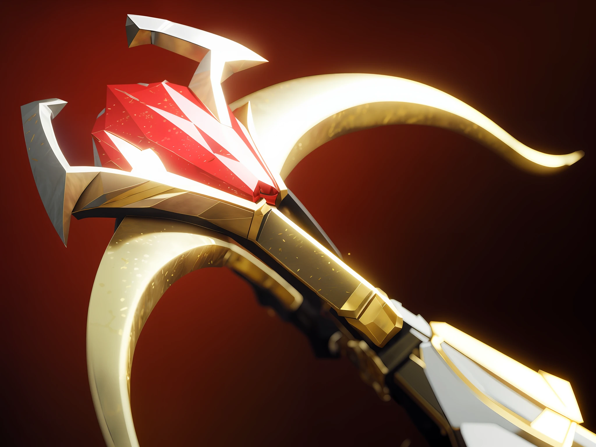 There is a close-up of a metal sword on the table, gold sword, Golden sword, Gold and red metal, sharp robot dragon paws, sword antlers, artifact dota2, golden pommel, she-ra, she - ra, silver gold red details, metallic scepter, unreal engine render saint seiya, trident, rendered in keyshot, brass beak