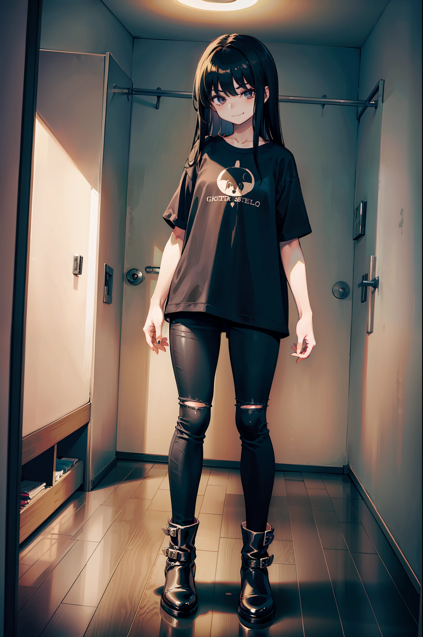 1 girl, room, black jeans, black gothic t-shirt, black boots, long hair, no makeup, posing standing, looking with a small smile in a mirror