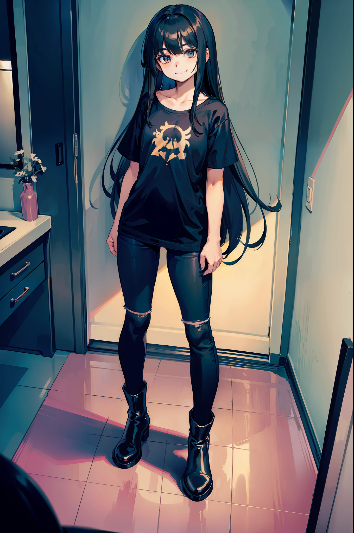 1 girl, room, black jeans, black gothic t-shirt, black boots, long hair, no makeup, posing standing, looking with a small smile in a mirror