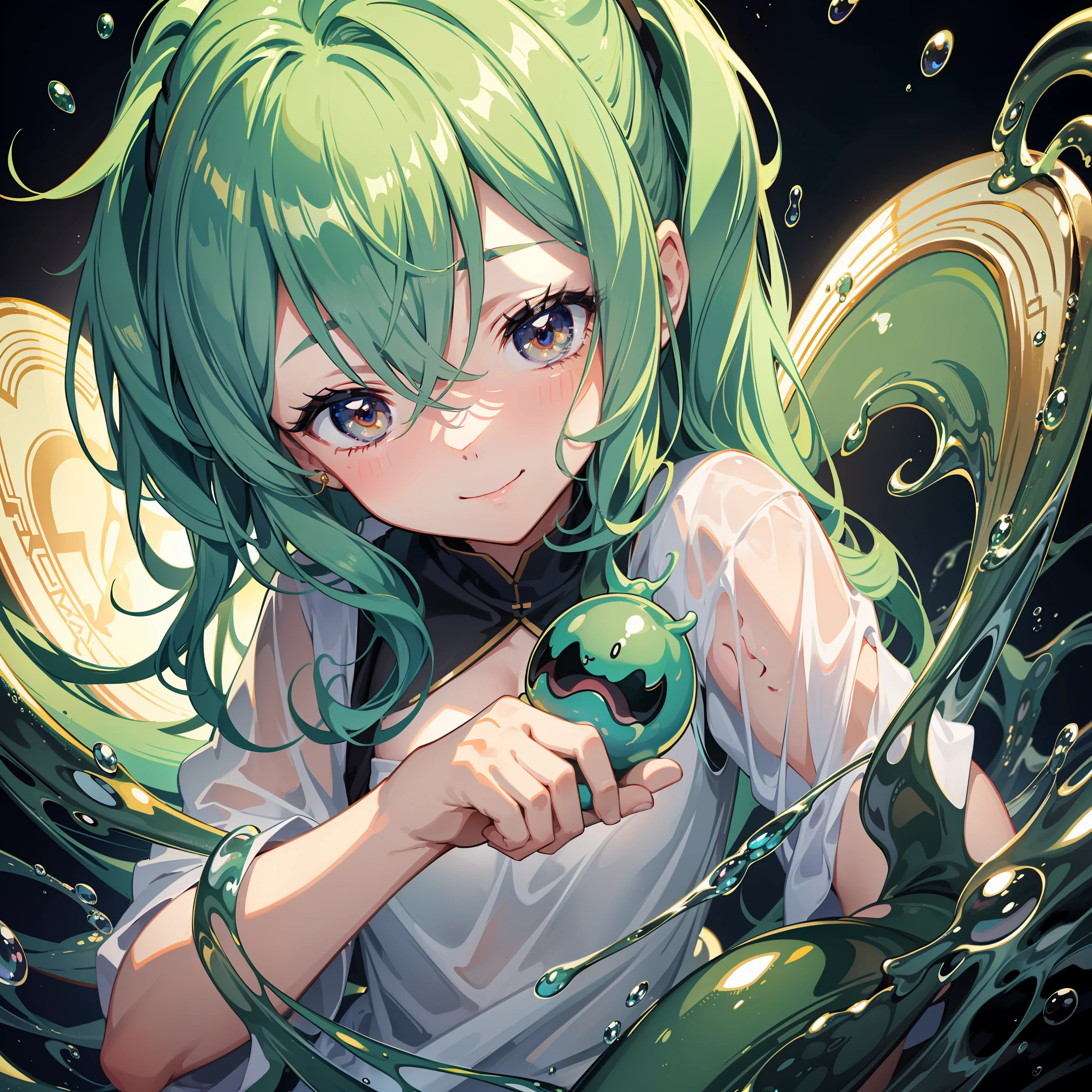 (((tmasterpiece))), 4K 分辨率, highly detailed, A cute slime monster girl,Green,Semi-liquid,Half-closed eyes,shyexpression,ssmile,The background is forest