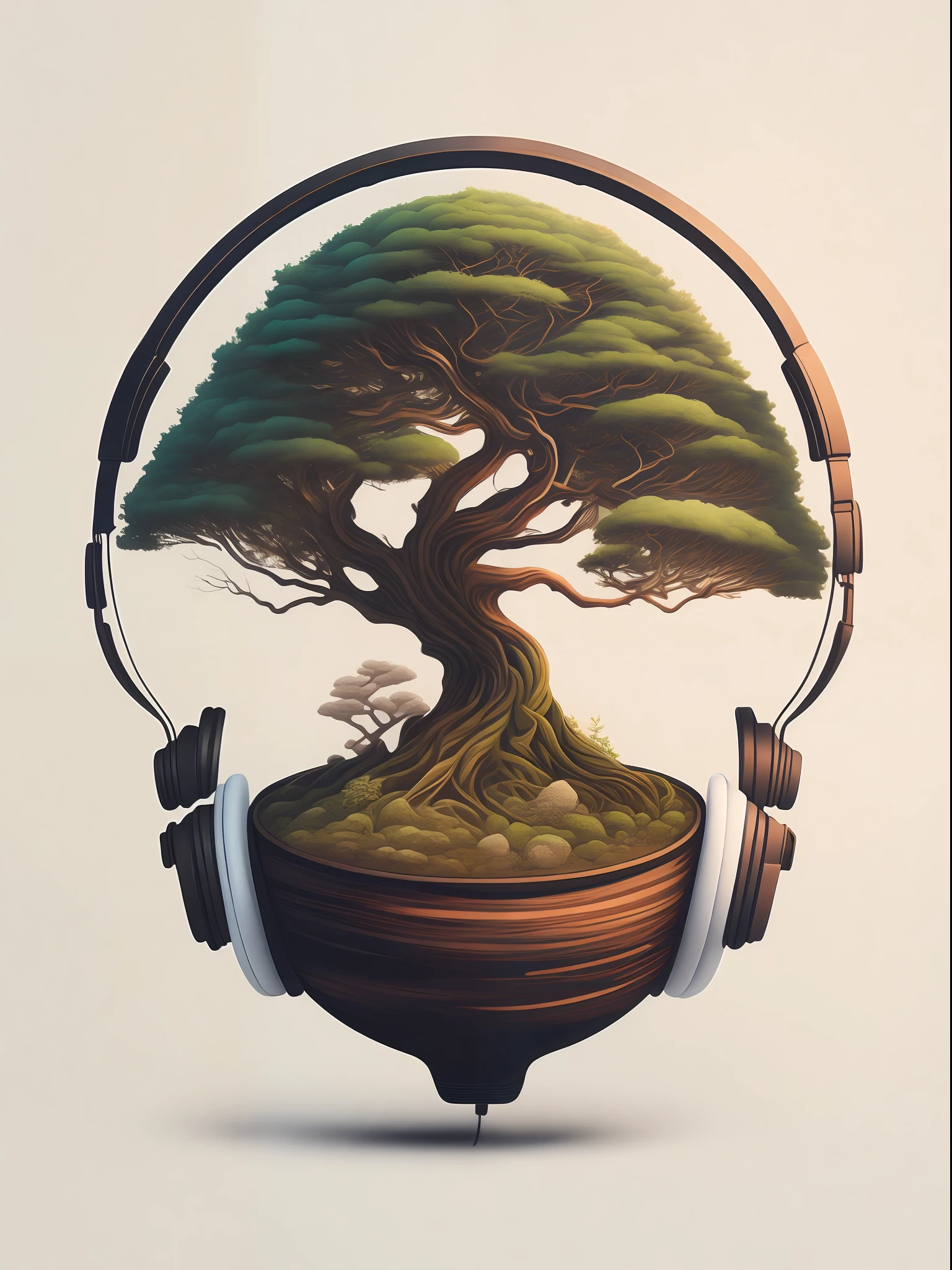 circular design, t-shirt design, bonsai with headphone, detailed face, soft and smooth skin, symmetrical, soft lighting, concept art, digital painting, hyperdetailed painting, complex, amazing details, highly detailed, intricate details, realistic, multiple views , white , colored light background
