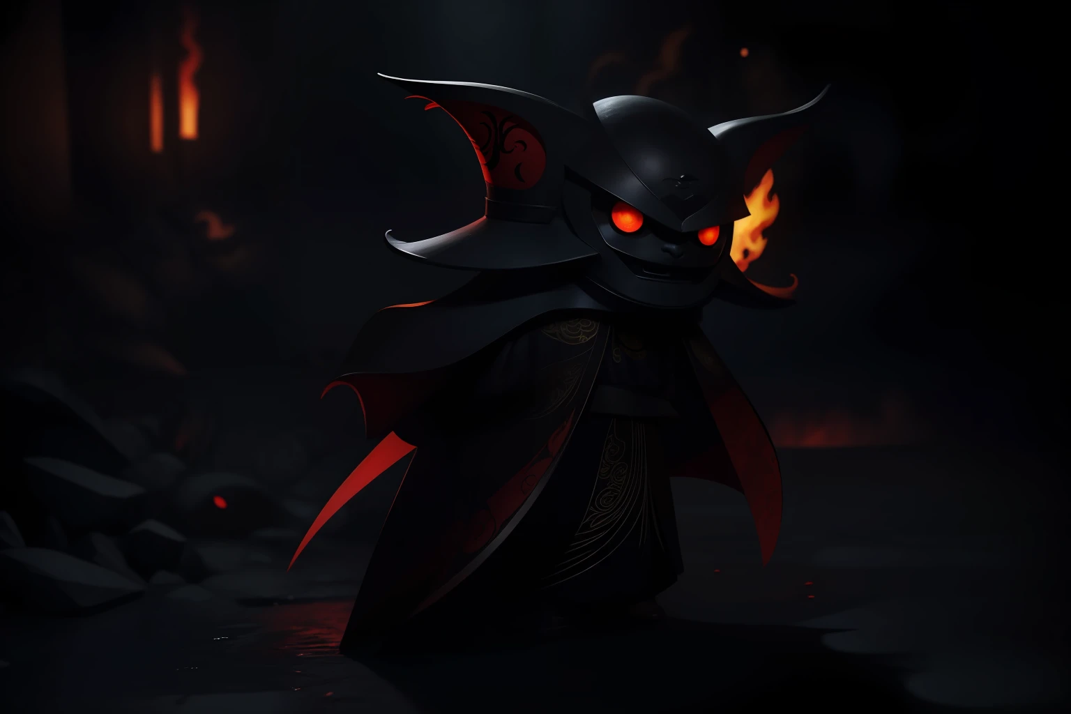 Black-scaled youkai，The background is pitch black，There is a looming flame，black-clad，Black Moon，Dim light，repression，agony；