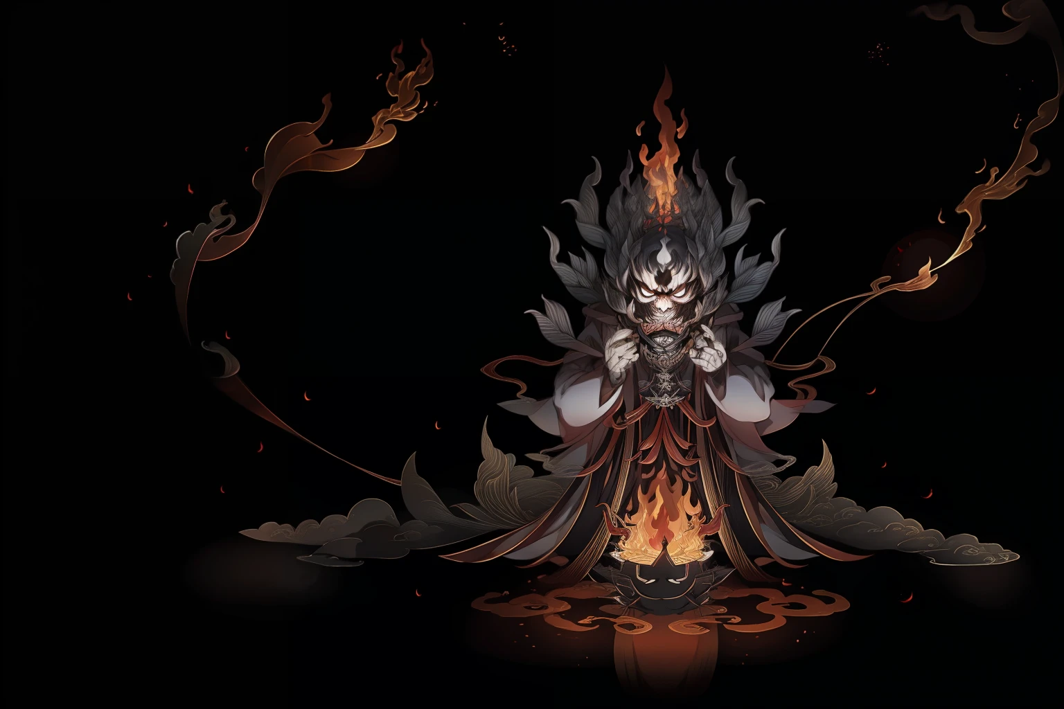 Black-scaled youkai，The background is pitch black，There is a looming flame，black-clad，Black Moon，Dim light，repression，agony；
